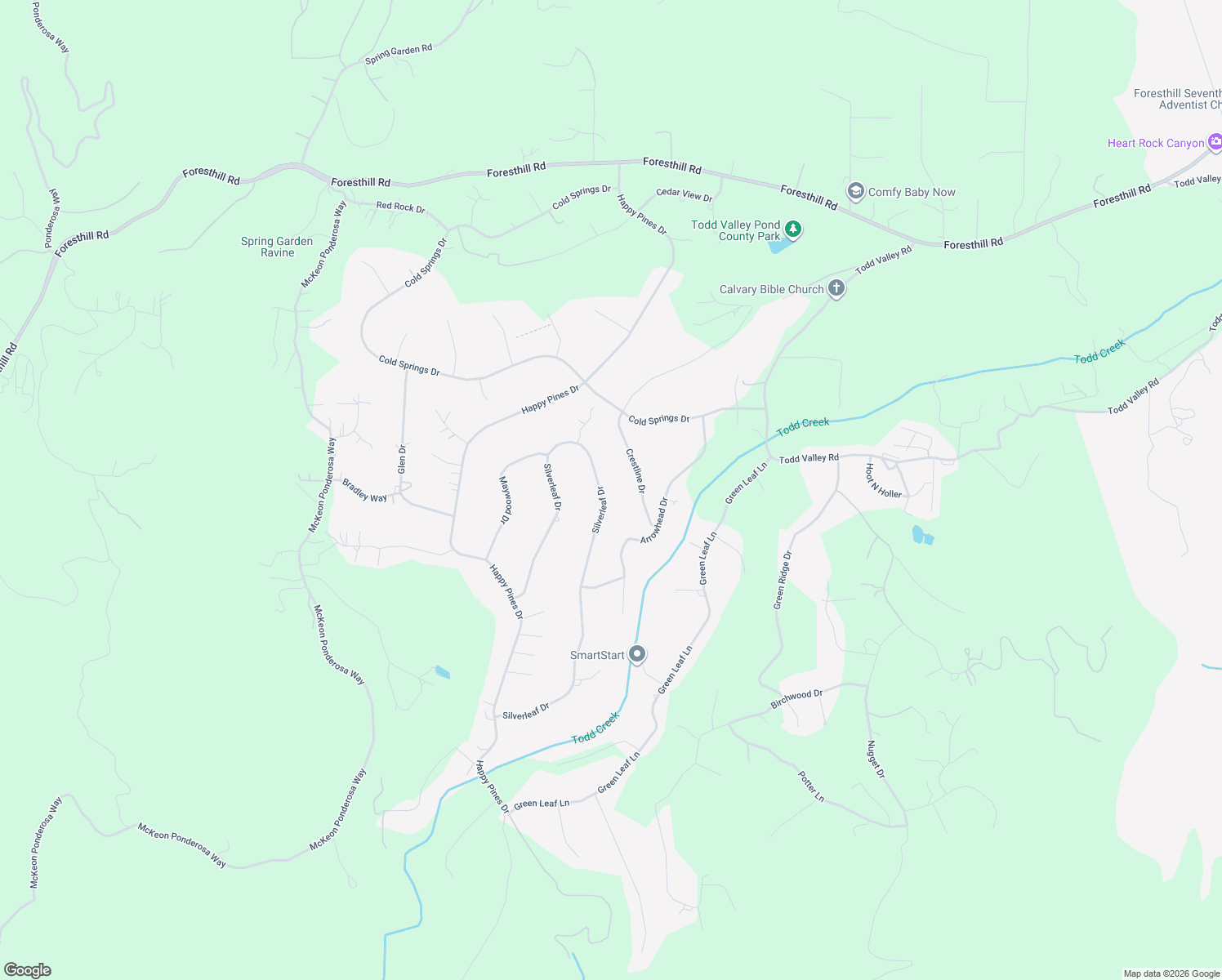 map of restaurants, bars, coffee shops, grocery stores, and more near 5901 Silverleaf Drive in Foresthill
