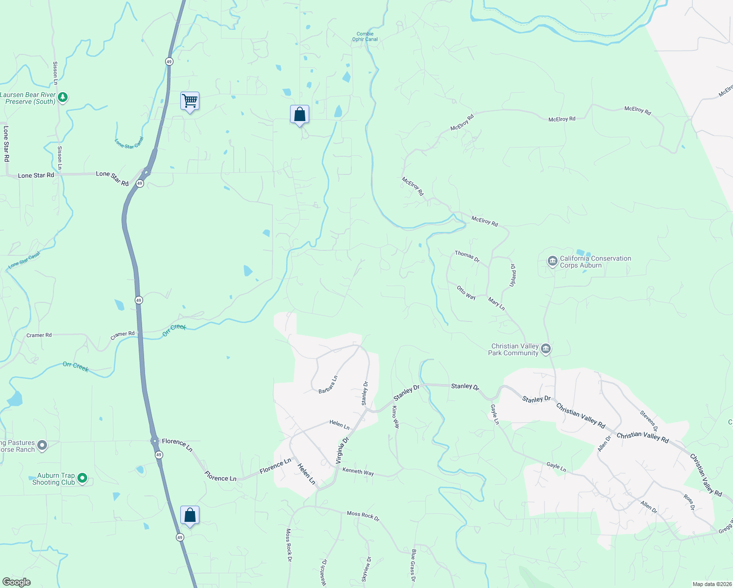 map of restaurants, bars, coffee shops, grocery stores, and more near 4780 Garden Court in Auburn