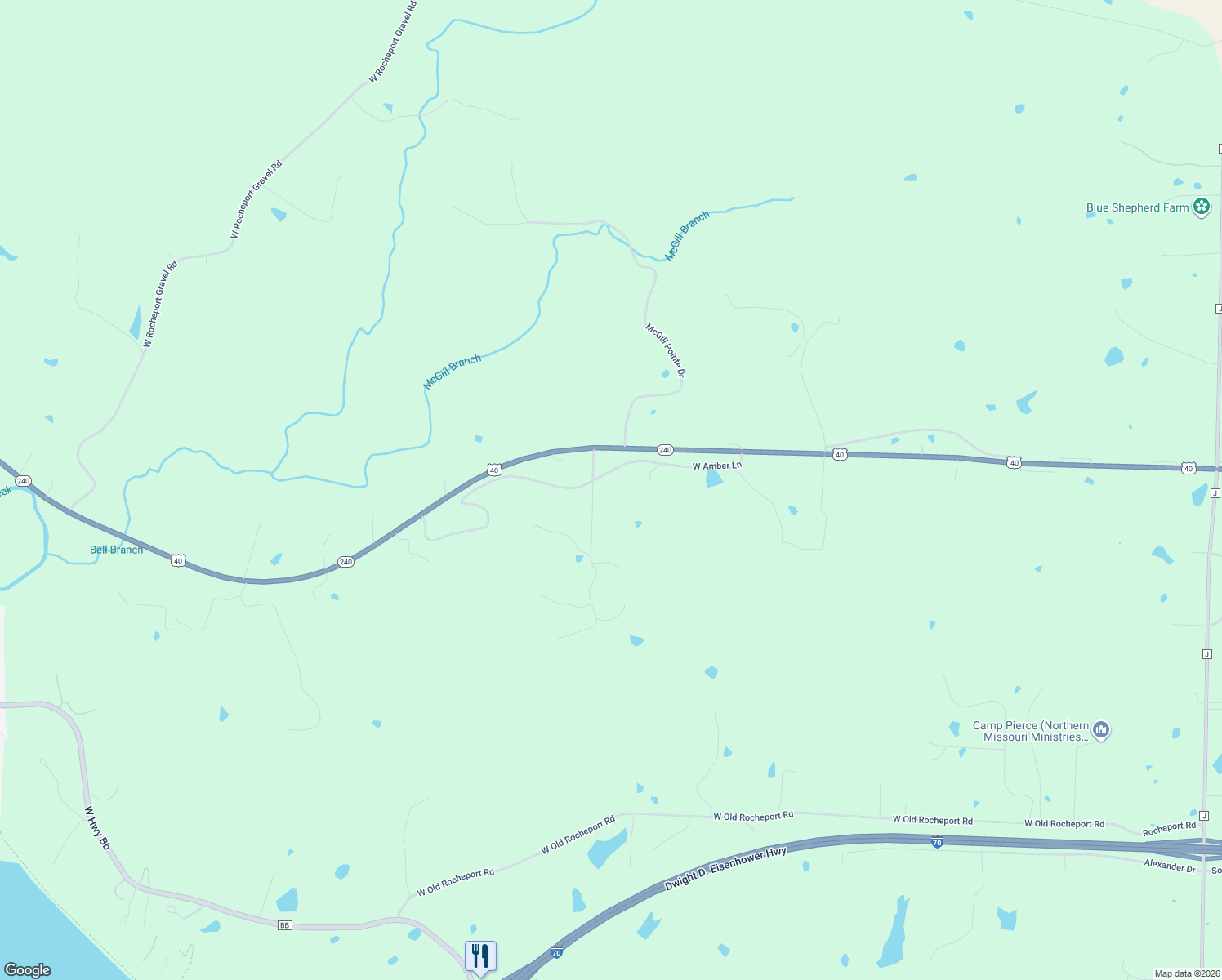 map of restaurants, bars, coffee shops, grocery stores, and more near 2600 North Shady Hills Lane in Rocheport
