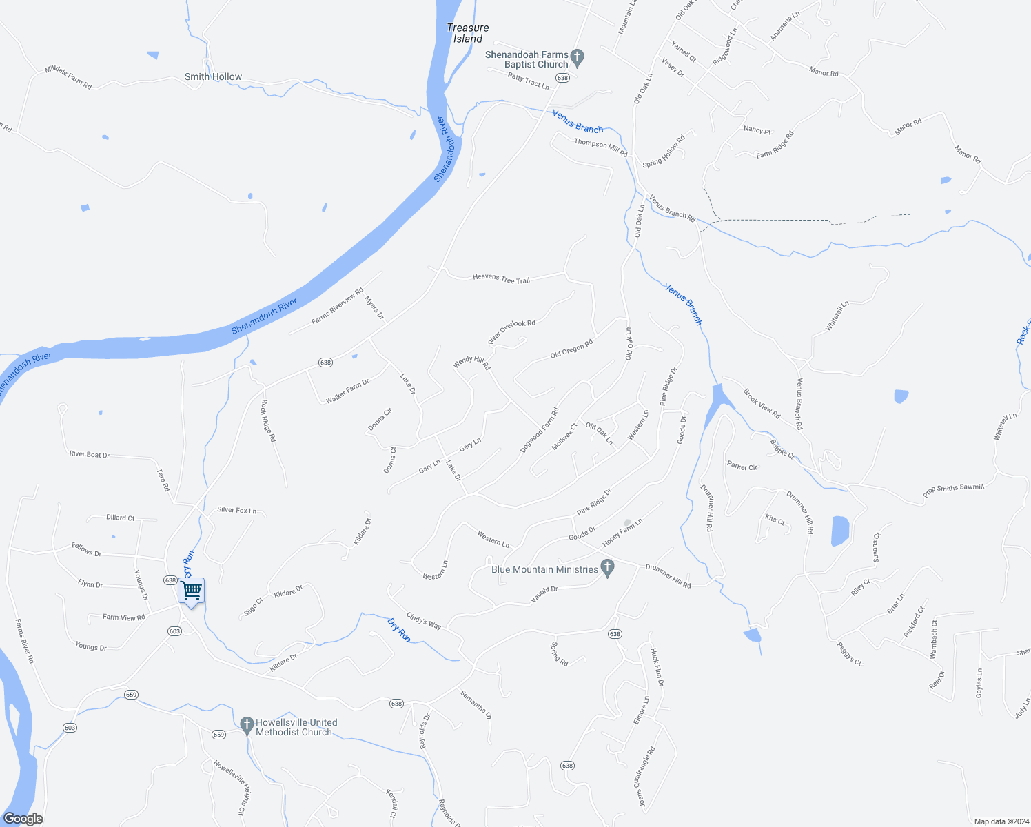 map of restaurants, bars, coffee shops, grocery stores, and more near 672 Wendy Hill Road in Front Royal