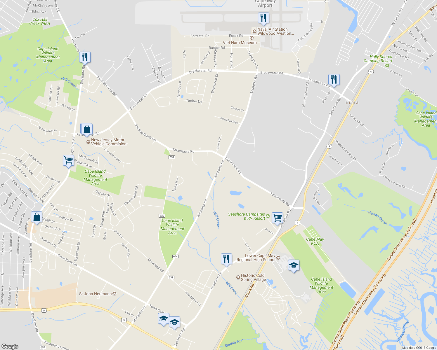 map of restaurants, bars, coffee shops, grocery stores, and more near 713 Shunpike Road in Cape May
