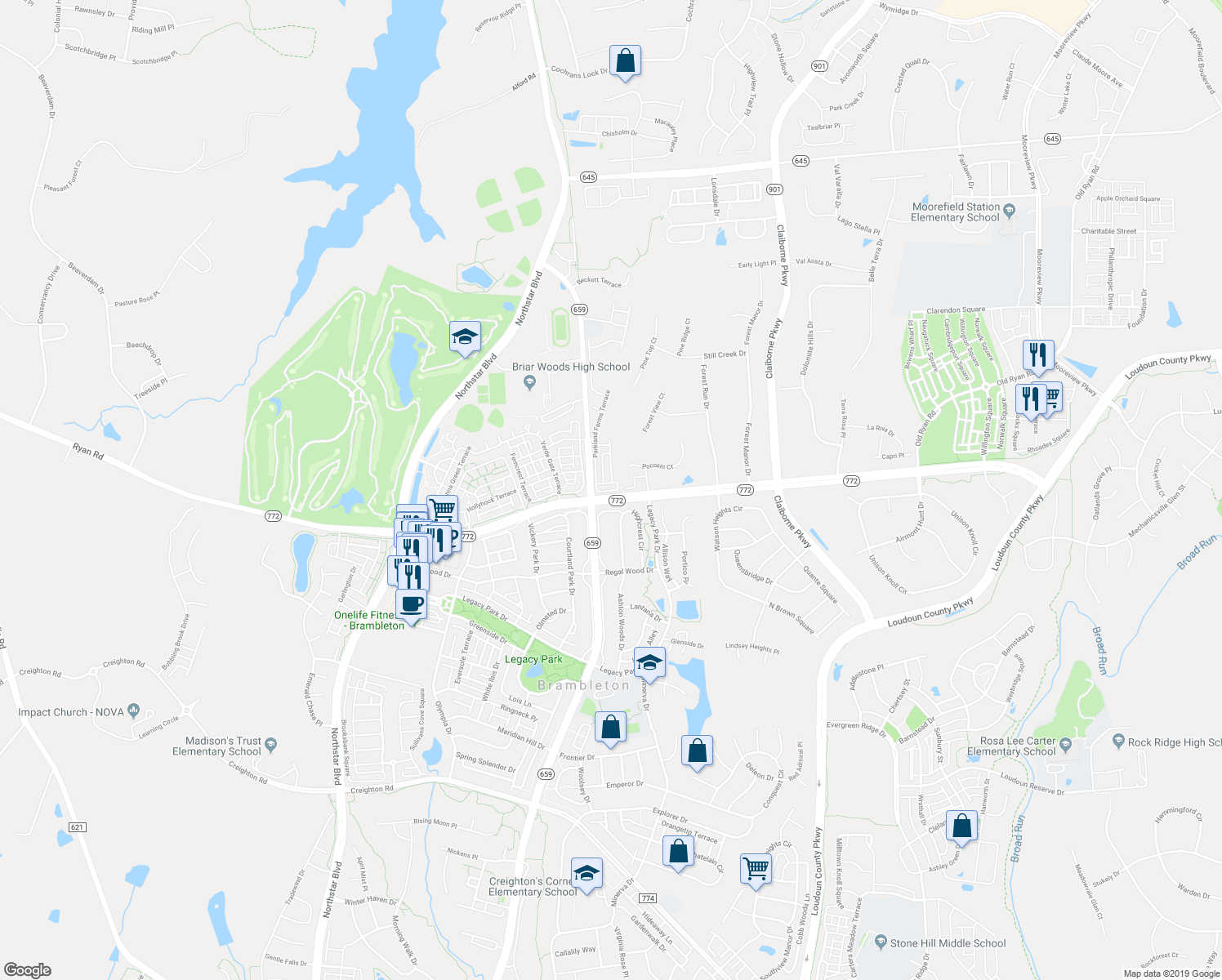 map of restaurants, bars, coffee shops, grocery stores, and more near 22678 Parkland Farms Terrace in Ashburn