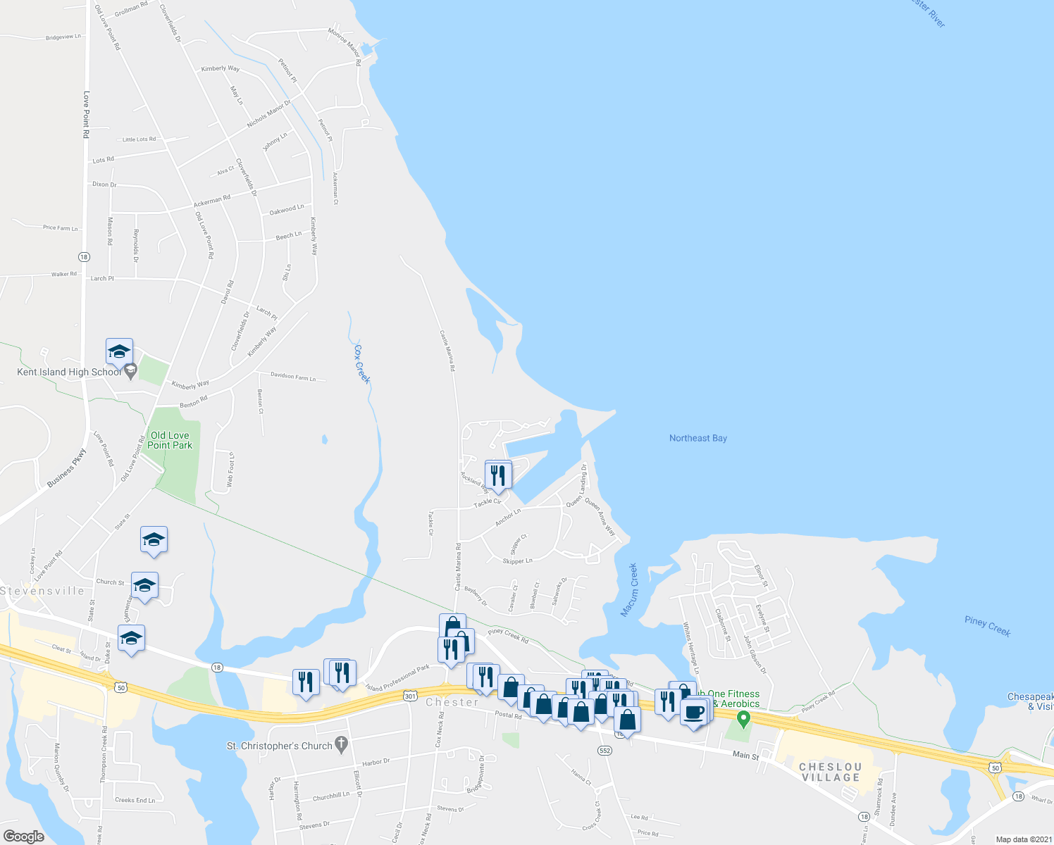 map of restaurants, bars, coffee shops, grocery stores, and more near 807 Auckland Way in Chester