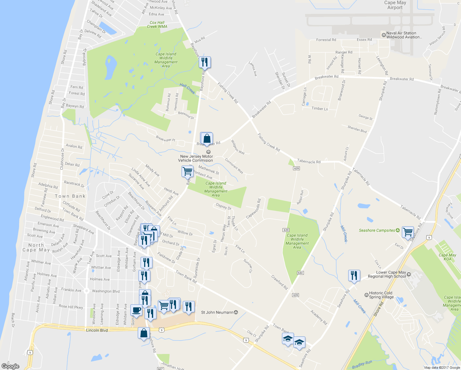 map of restaurants, bars, coffee shops, grocery stores, and more near 210 Pontaxit Avenue in Cape May