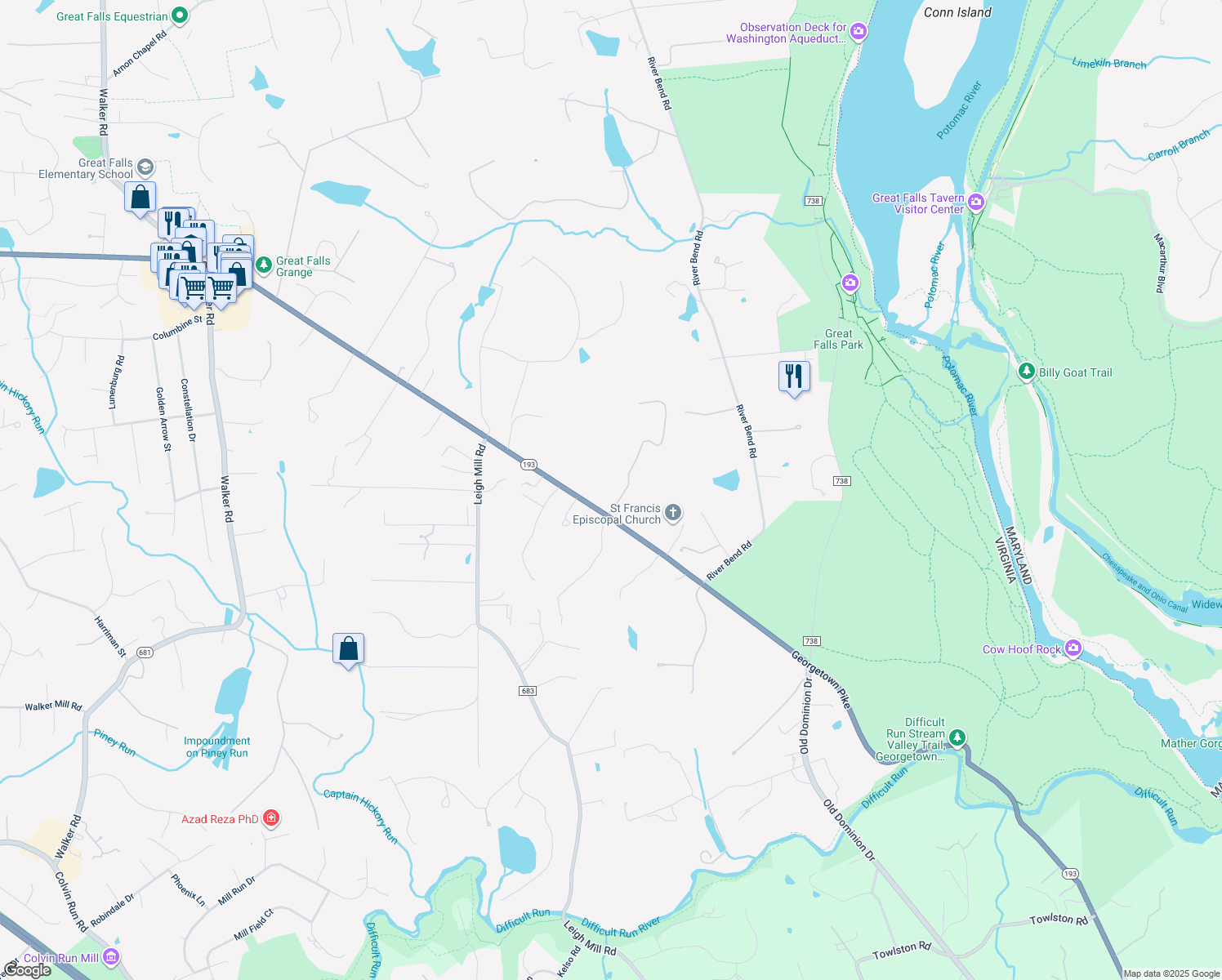 map of restaurants, bars, coffee shops, grocery stores, and more near 9320 Georgetown Pike in Great Falls
