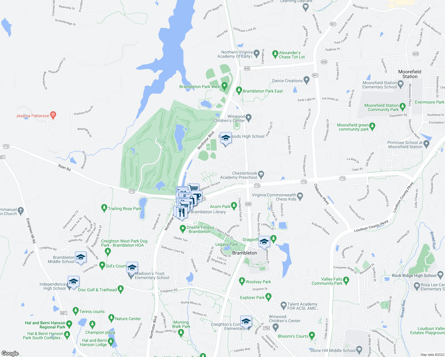 map of restaurants, bars, coffee shops, grocery stores, and more near 22770 Ferncrest Terrace in Ashburn