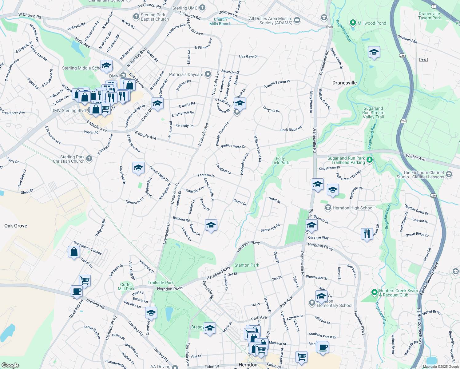 map of restaurants, bars, coffee shops, grocery stores, and more near 12707 Fantasia Drive in Herndon