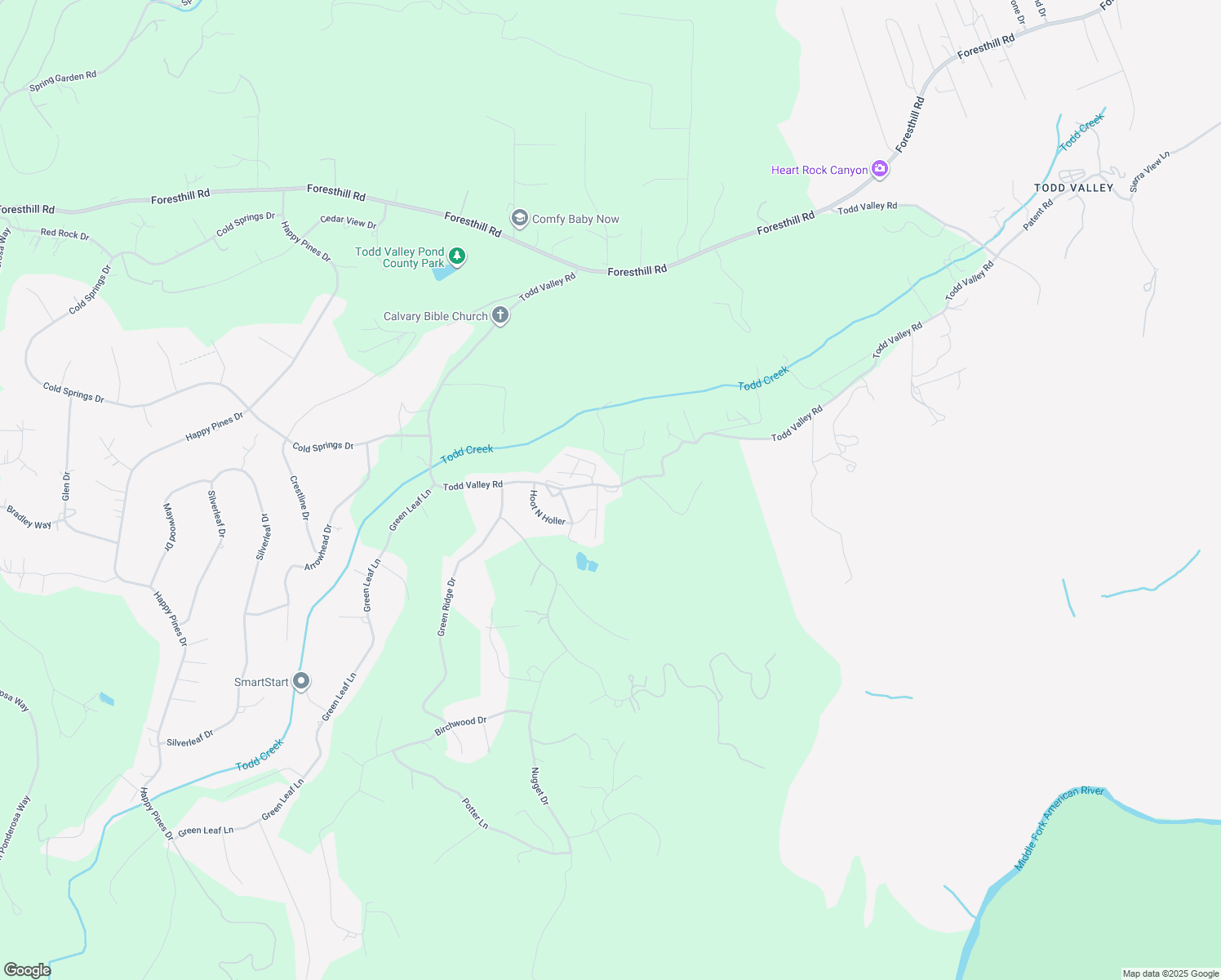 map of restaurants, bars, coffee shops, grocery stores, and more near 21305 Yellowstone Lane in Foresthill