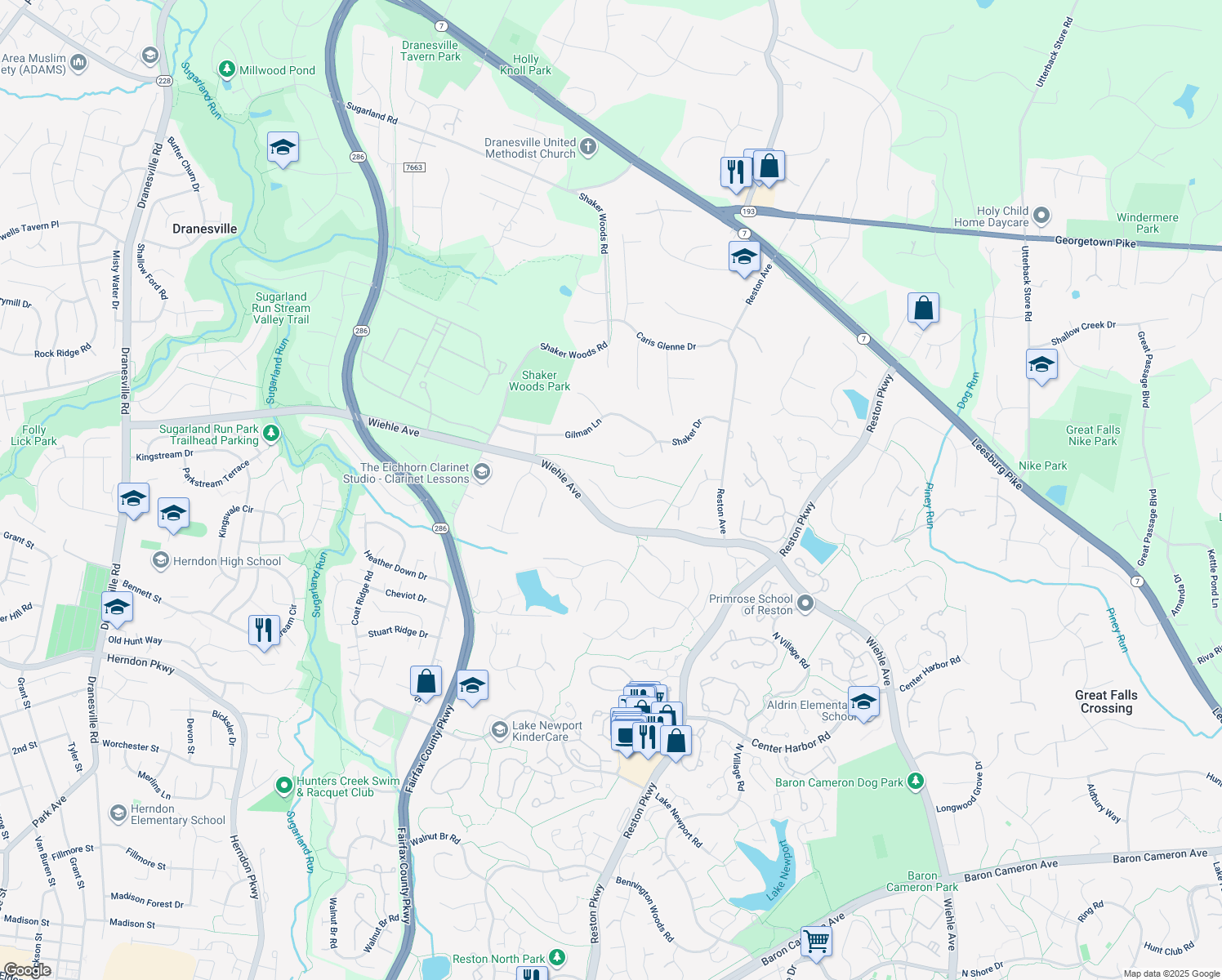 map of restaurants, bars, coffee shops, grocery stores, and more near 11588 Southington Ln in Herndon