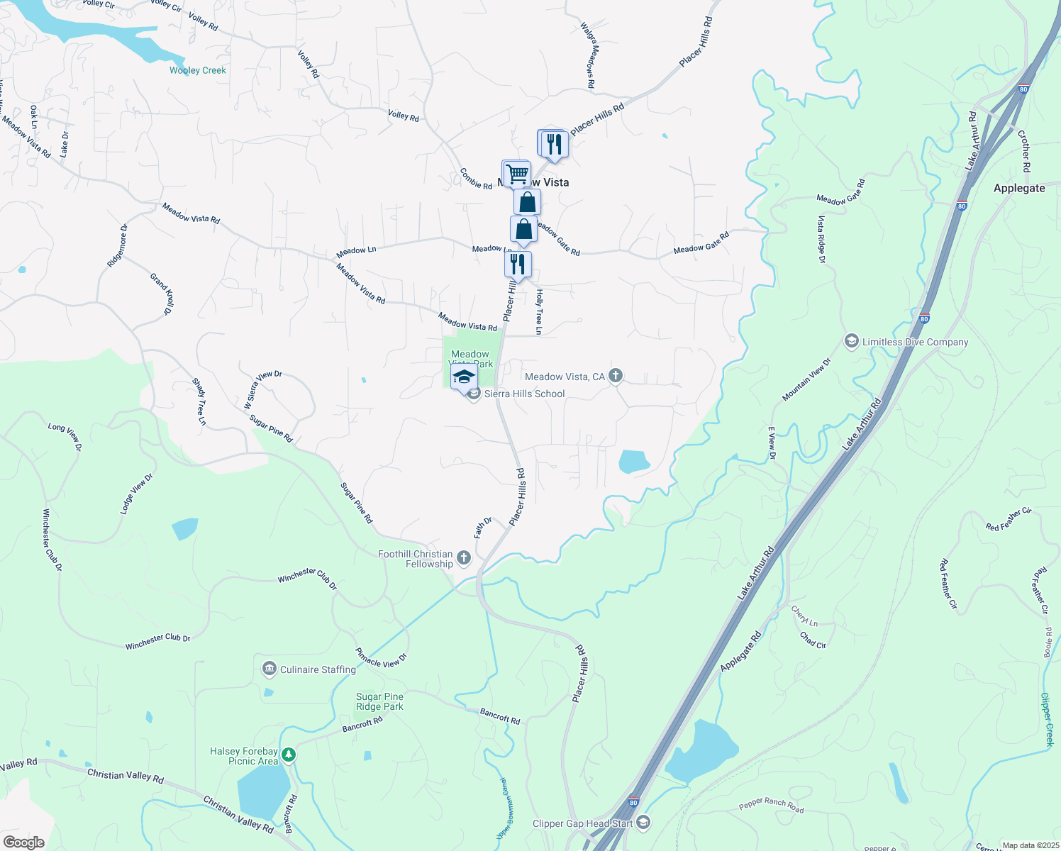 map of restaurants, bars, coffee shops, grocery stores, and more near 945 Madrone Lane in Meadow Vista