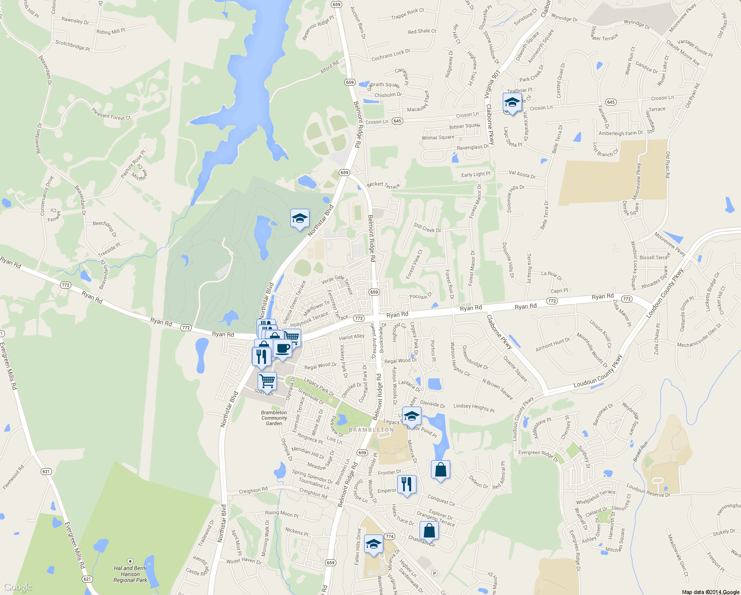 map of restaurants, bars, coffee shops, grocery stores, and more near 22793 Settlers Trail Terrace in Ashburn