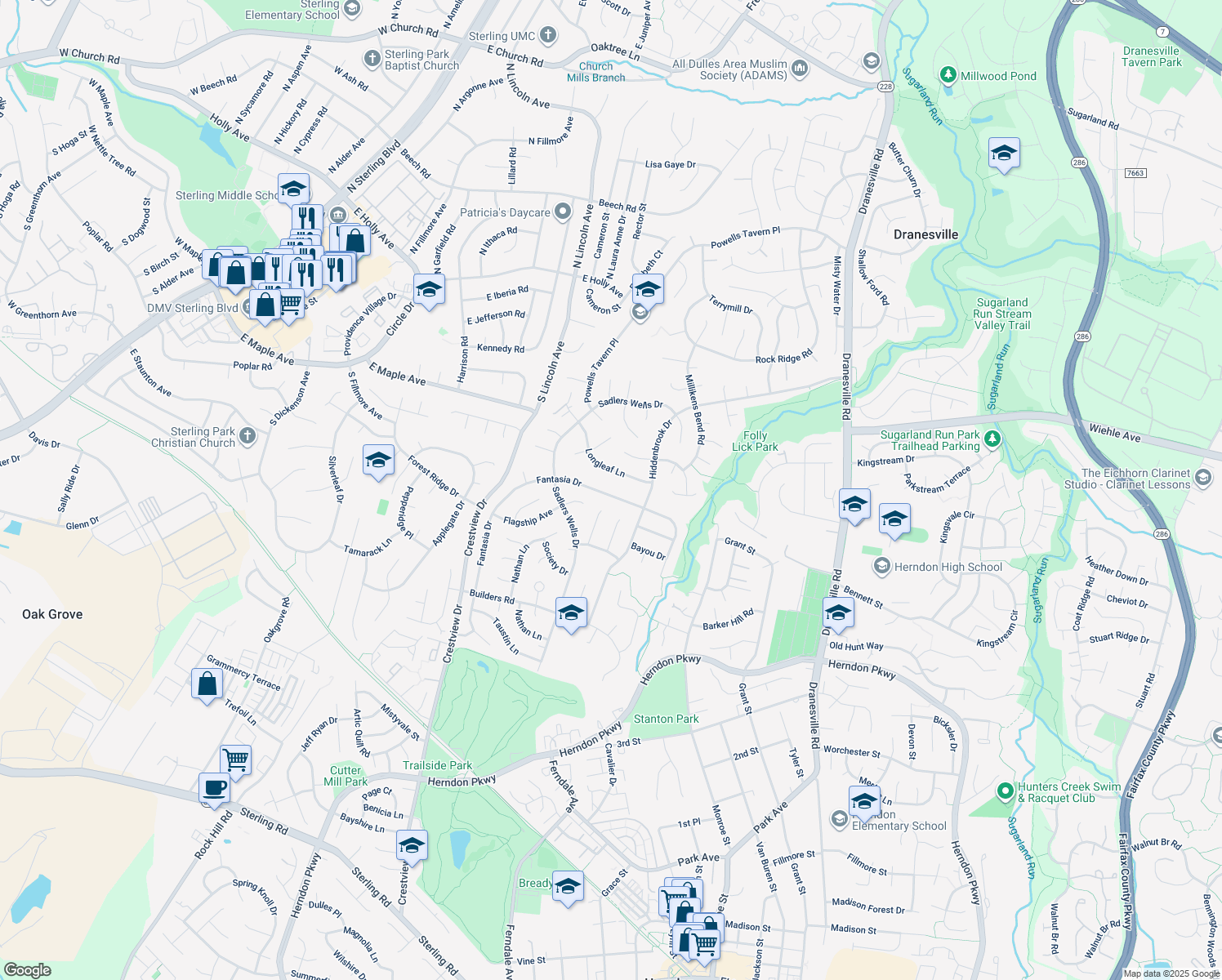 map of restaurants, bars, coffee shops, grocery stores, and more near 12712 Fantasia Drive in Herndon