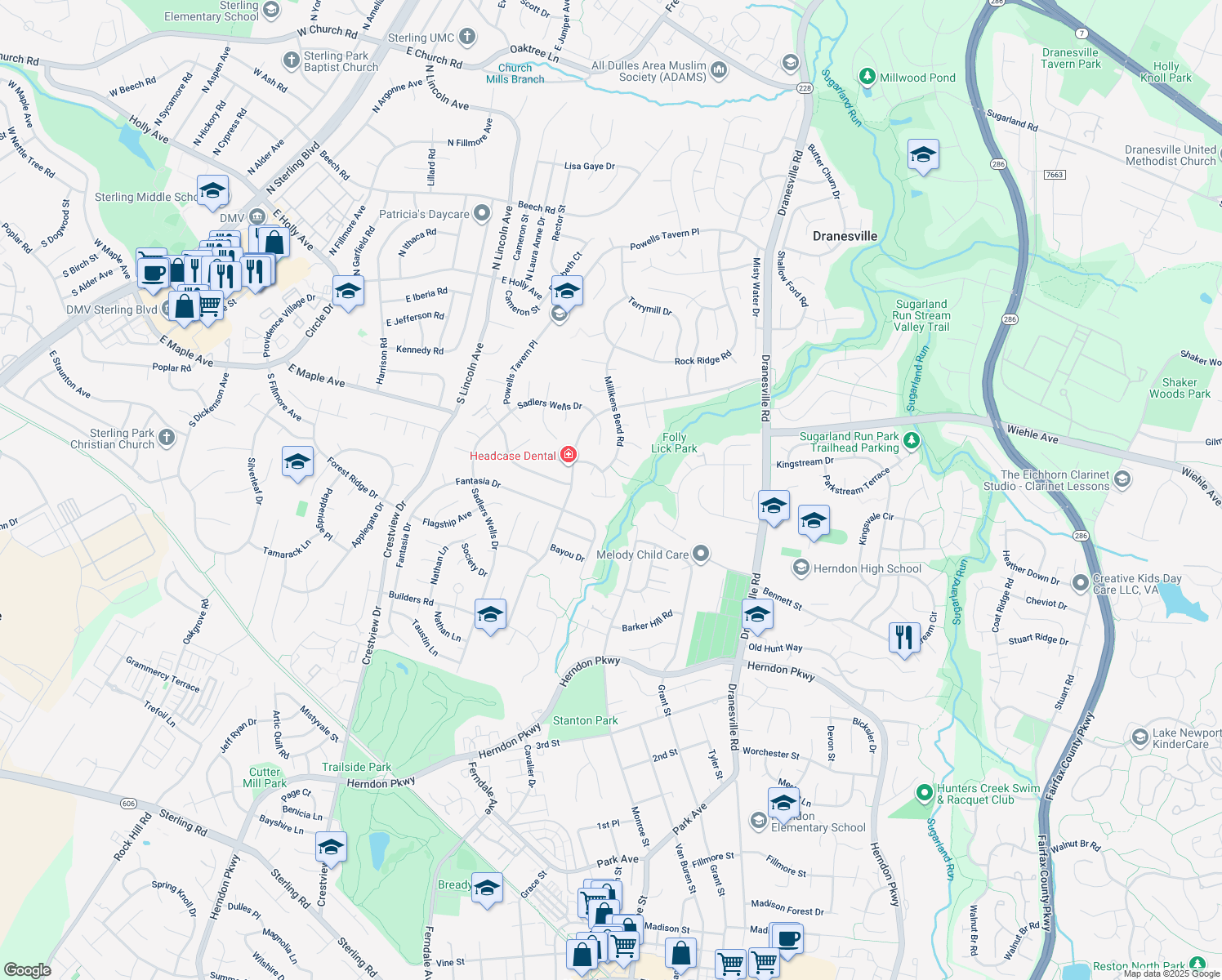 map of restaurants, bars, coffee shops, grocery stores, and more near 12602 Saylers Creek Lane in Herndon