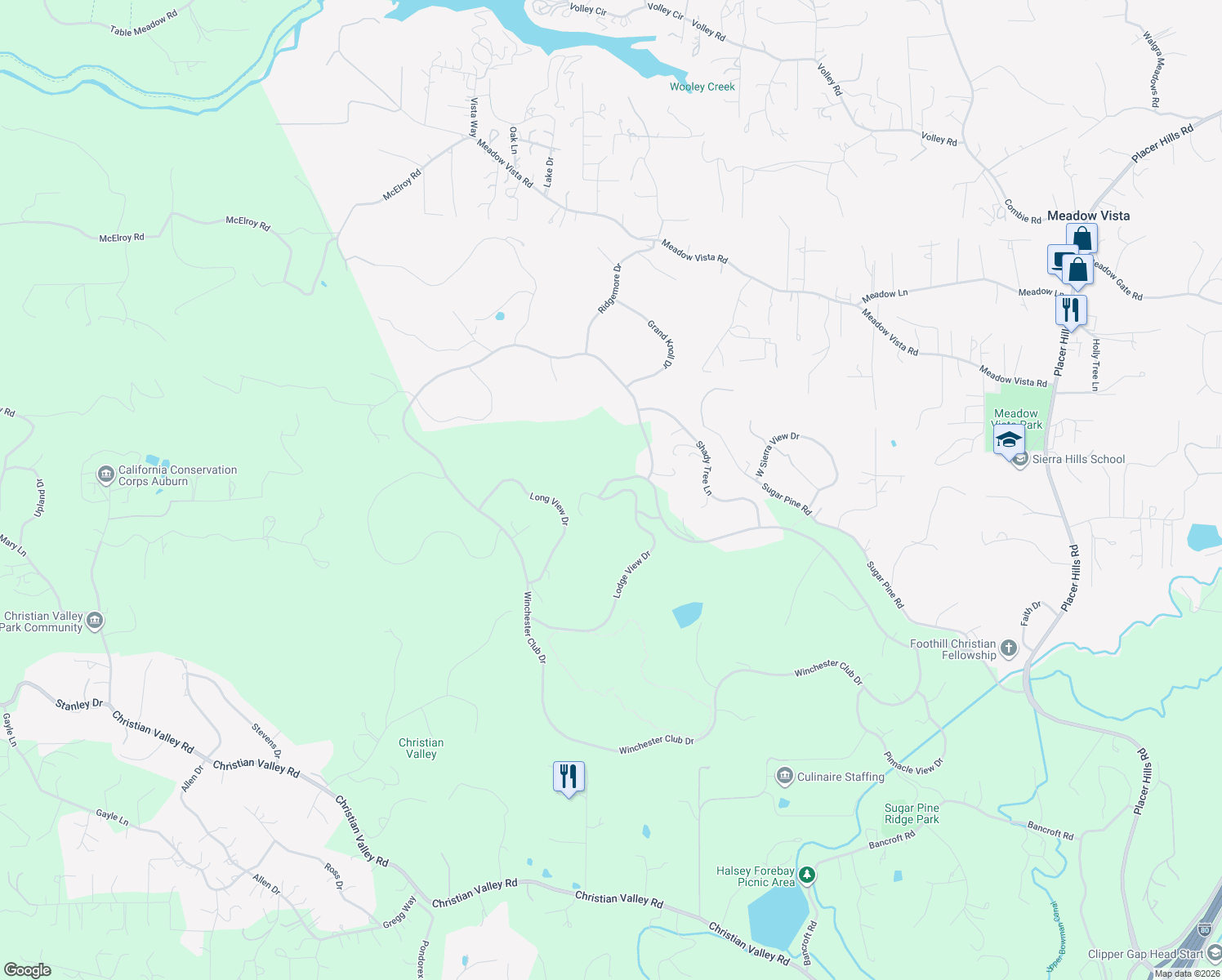 map of restaurants, bars, coffee shops, grocery stores, and more near 3007 Legends Drive in Meadow Vista