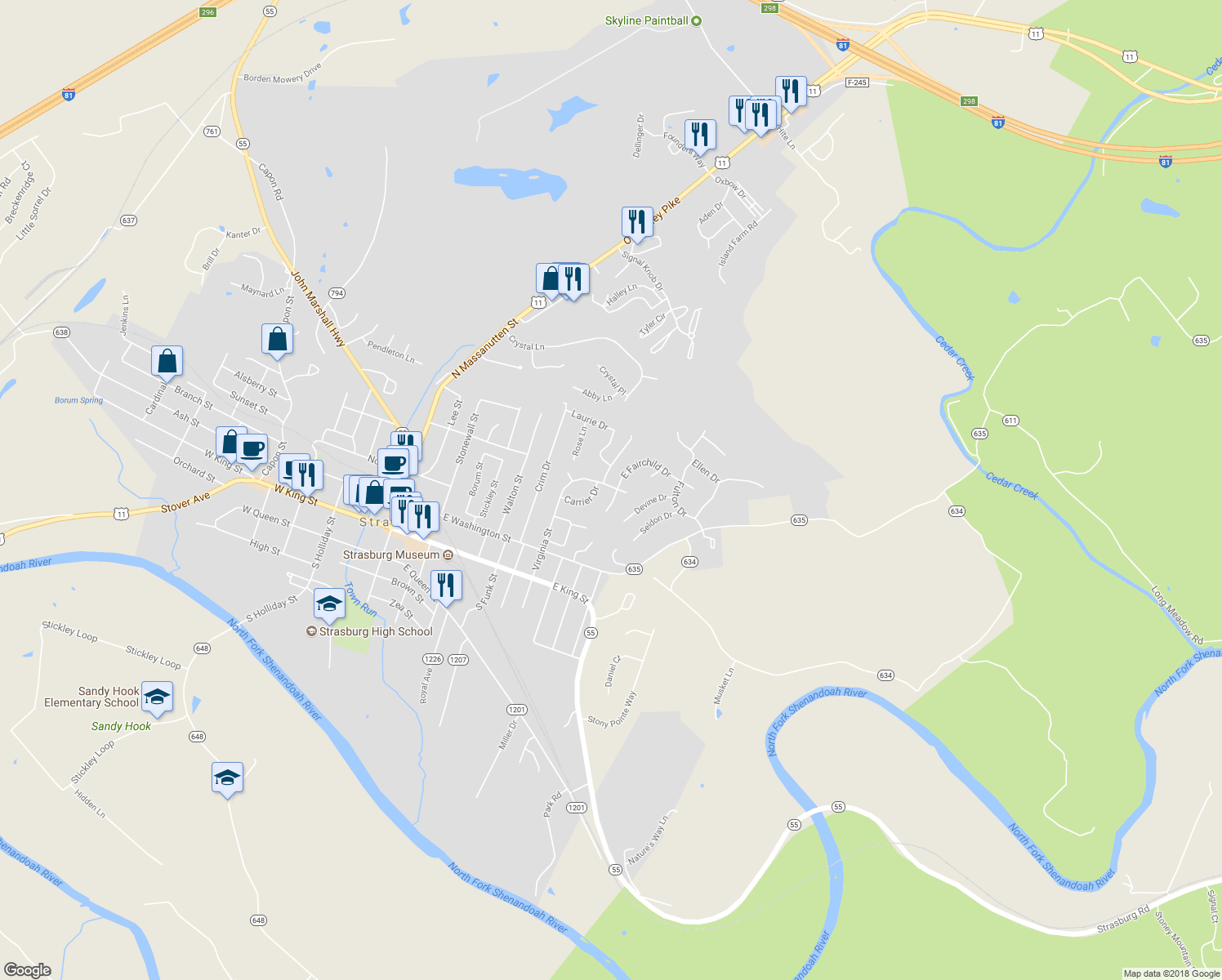 map of restaurants, bars, coffee shops, grocery stores, and more near 570 Virginia Street in Strasburg