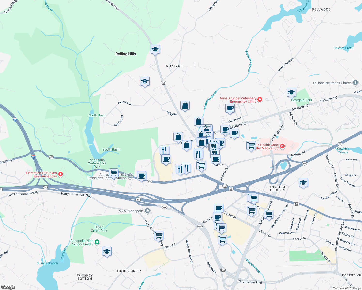 map of restaurants, bars, coffee shops, grocery stores, and more near 2565 Housley Road in Annapolis