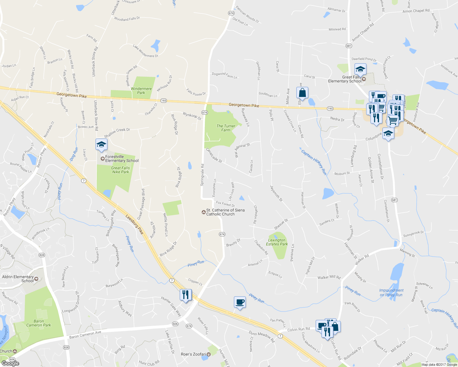 map of restaurants, bars, coffee shops, grocery stores, and more near 1492 Lily Loch Way in Great Falls