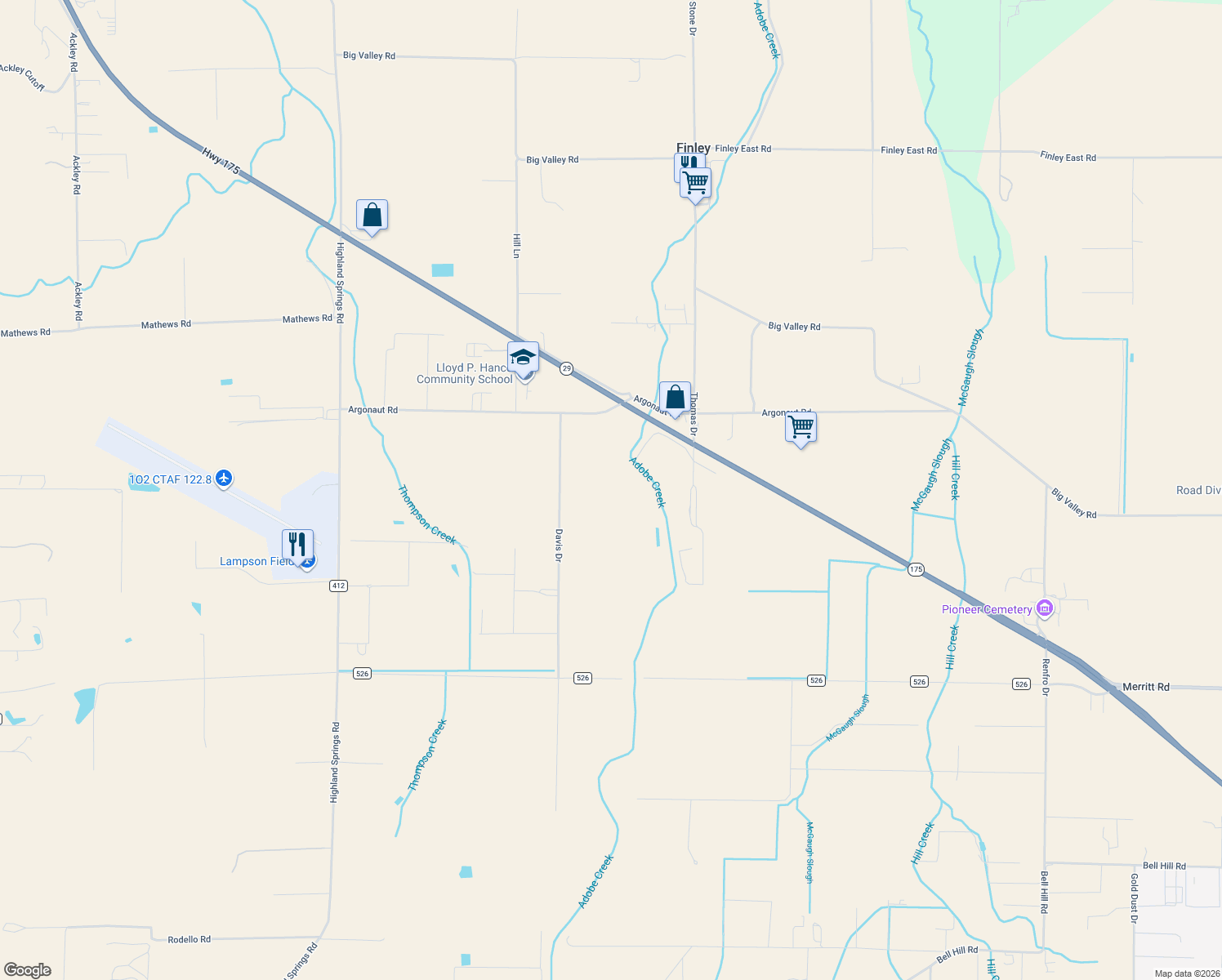 map of restaurants, bars, coffee shops, grocery stores, and more near 4450 Davis Drive in Lakeport