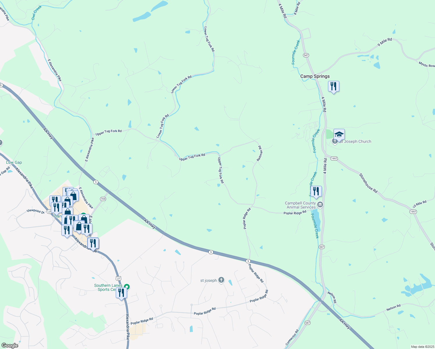 map of restaurants, bars, coffee shops, grocery stores, and more near 1837 Upper Tug Fork Road in Alexandria