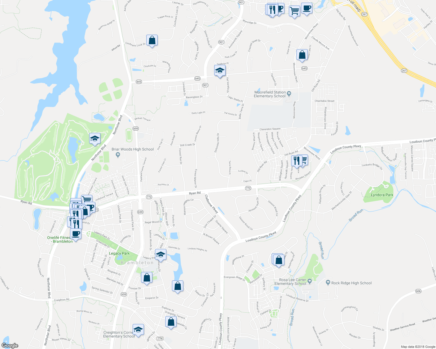 map of restaurants, bars, coffee shops, grocery stores, and more near 22411 Dolomite Hills Drive in Ashburn