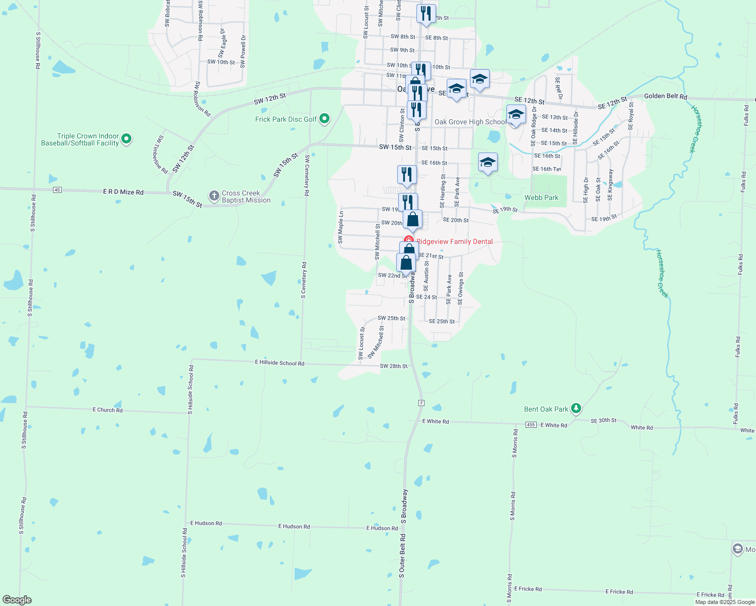 map of restaurants, bars, coffee shops, grocery stores, and more near 302 Southwest 24th Terrace in Oak Grove