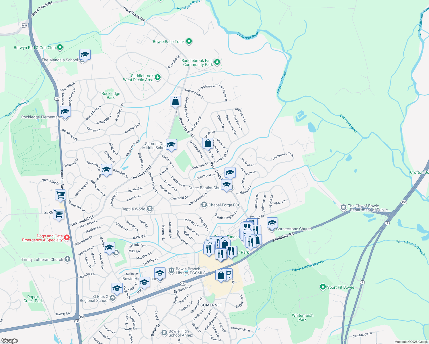 map of restaurants, bars, coffee shops, grocery stores, and more near 13006 Cheswood Ln in Bowie