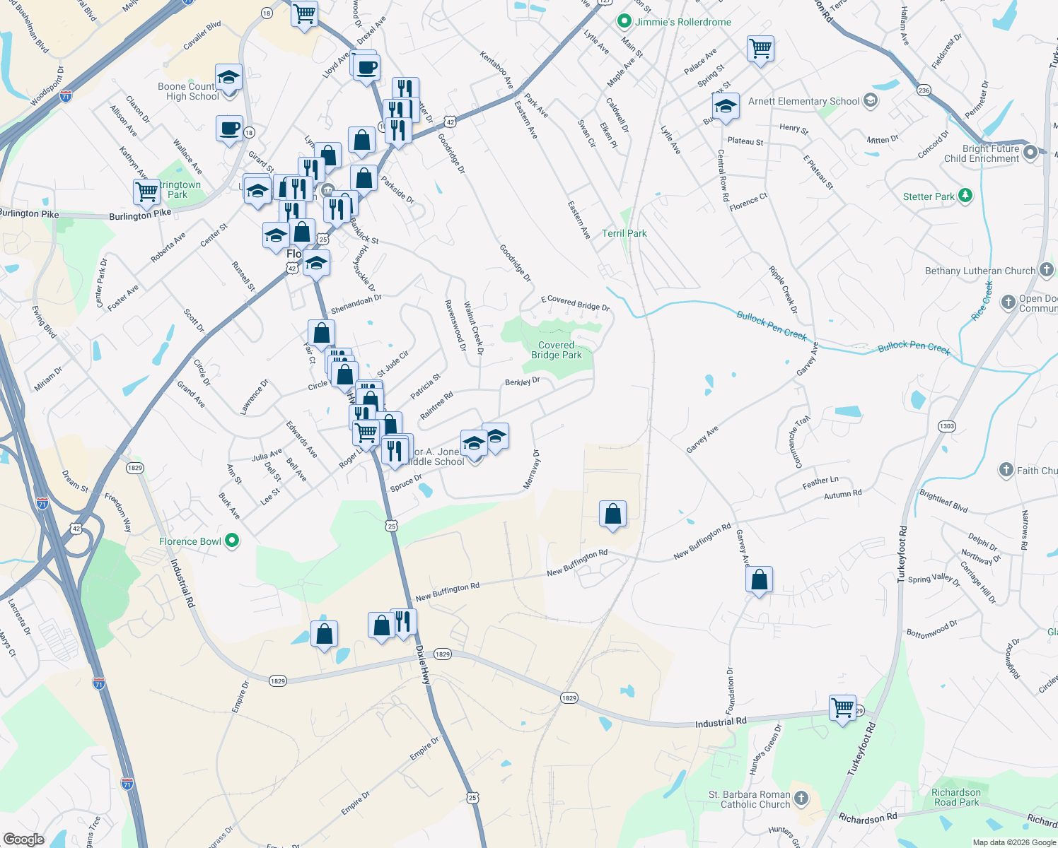 map of restaurants, bars, coffee shops, grocery stores, and more near 375 Merravay Dr in Florence
