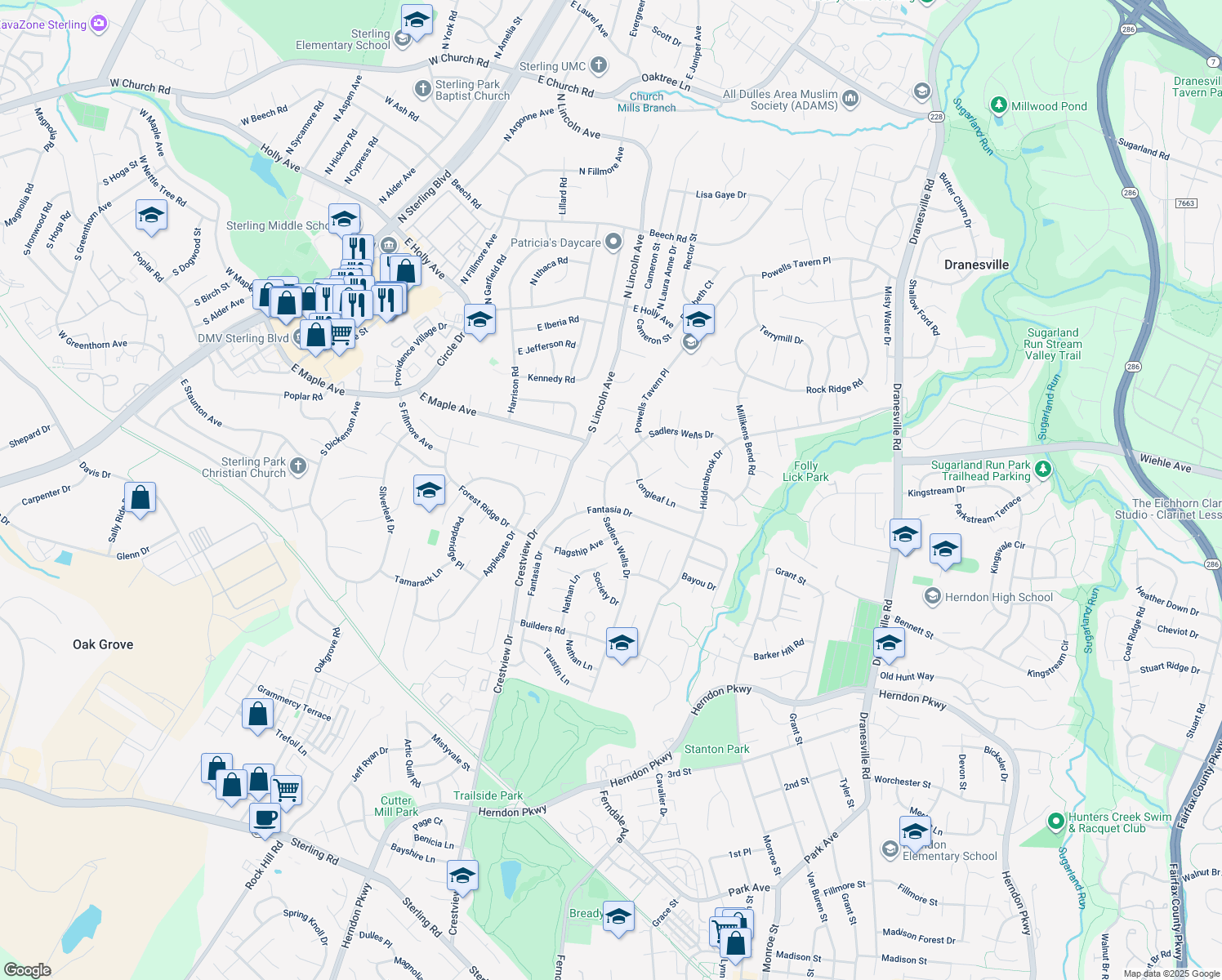 map of restaurants, bars, coffee shops, grocery stores, and more near 1547 Sadlers Wells Drive in Herndon