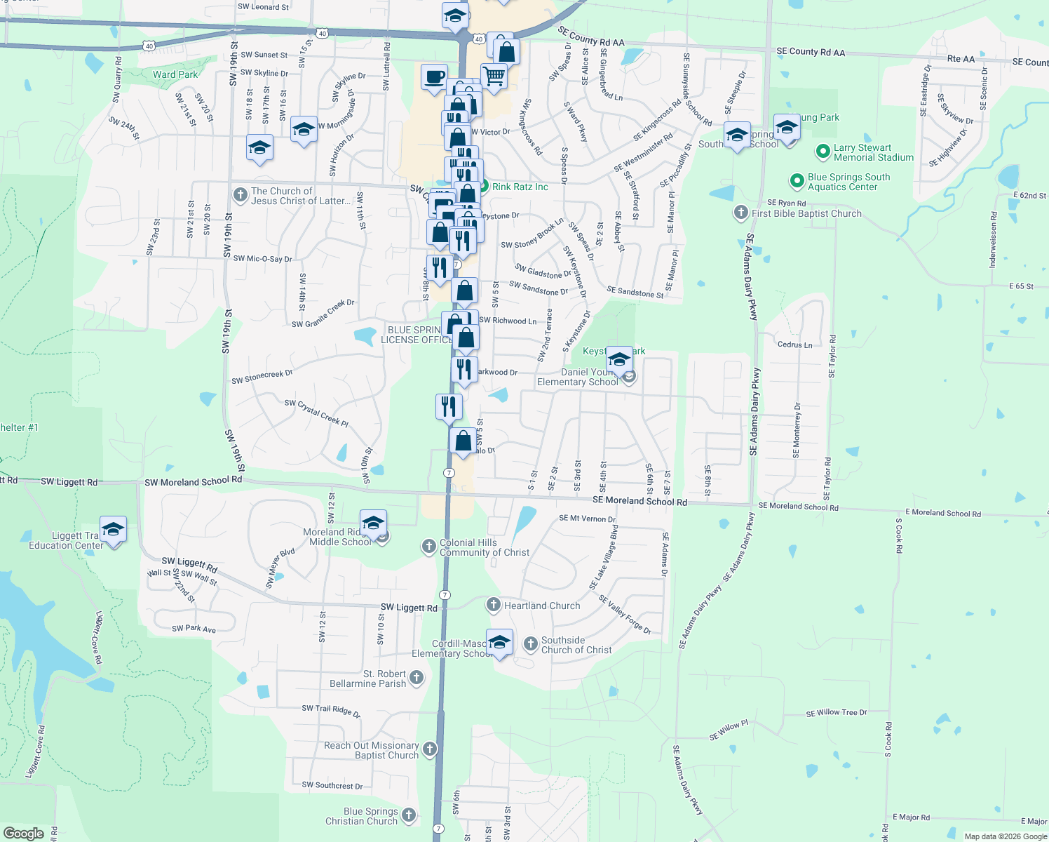 map of restaurants, bars, coffee shops, grocery stores, and more near 2716 Southwest Shamrock Drive in Blue Springs