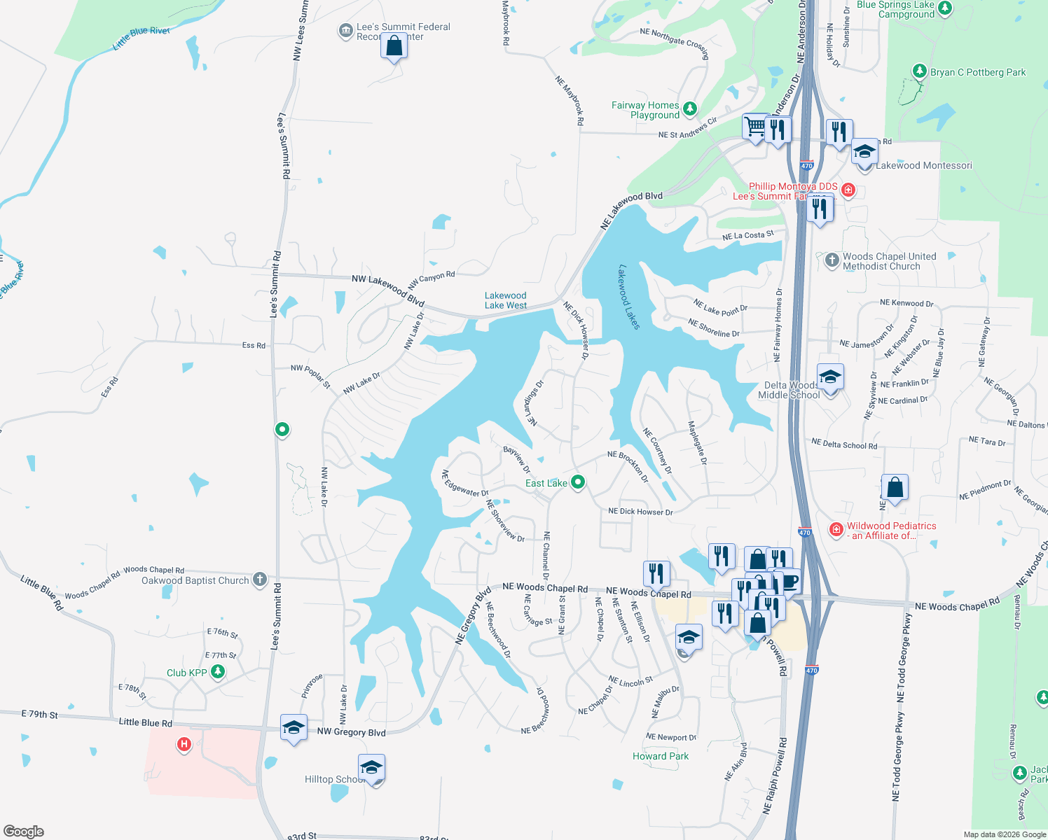 map of restaurants, bars, coffee shops, grocery stores, and more near 310 NE Landings Dr in Lee's Summit