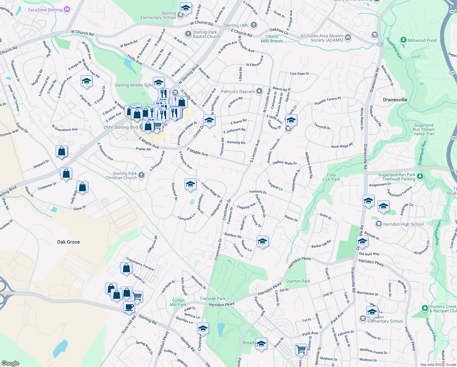 map of restaurants, bars, coffee shops, grocery stores, and more near 109 Cottonwood Court in Sterling