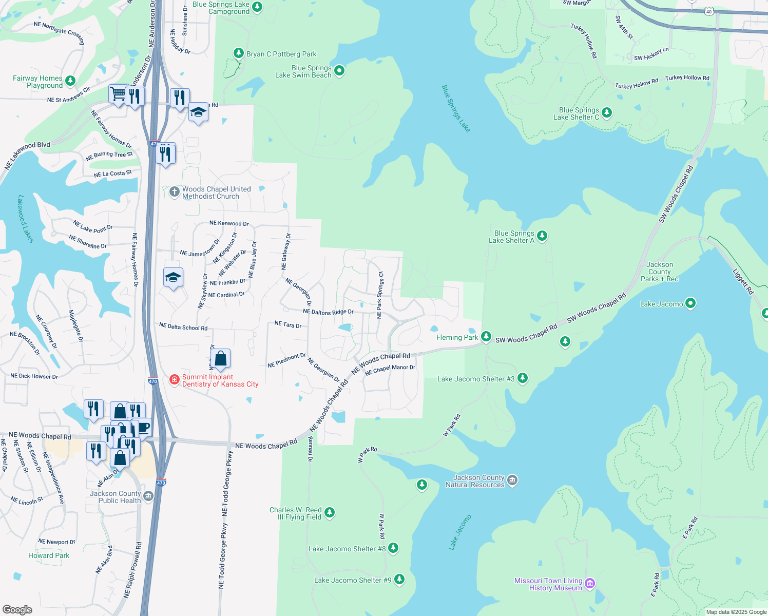 map of restaurants, bars, coffee shops, grocery stores, and more near 4403 Northeast Park Springs Court in Lee's Summit