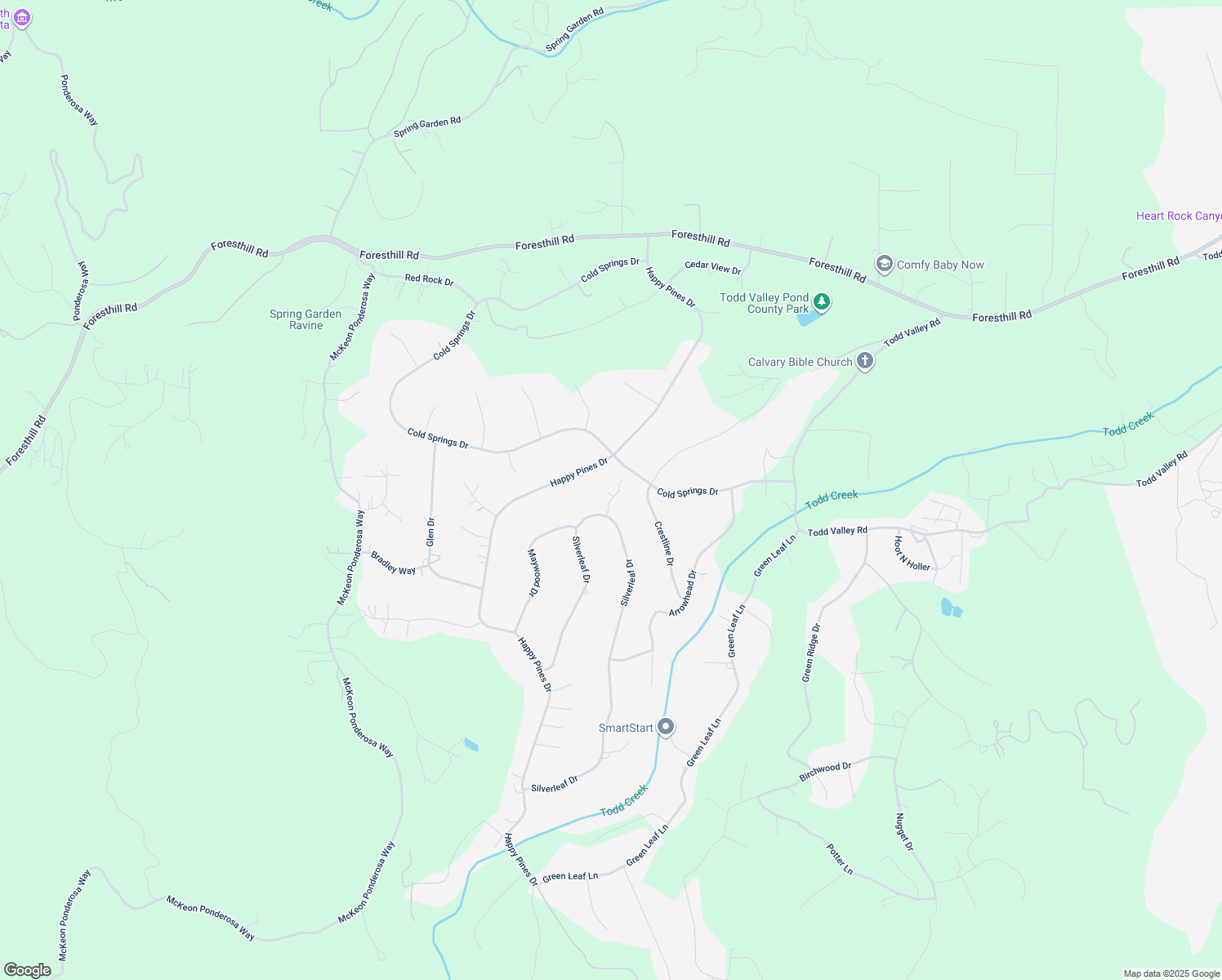 map of restaurants, bars, coffee shops, grocery stores, and more near 5833 Silverleaf Drive in Foresthill