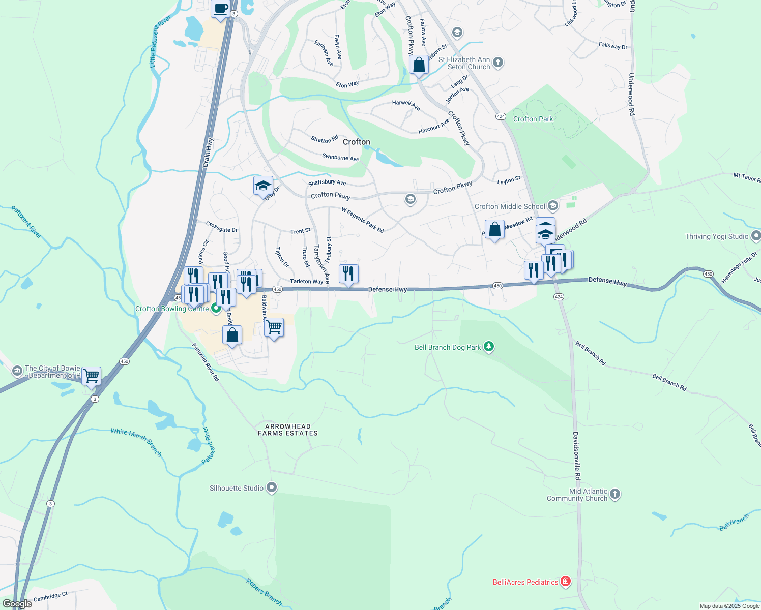 map of restaurants, bars, coffee shops, grocery stores, and more near 1531 Defense Highway in Gambrills