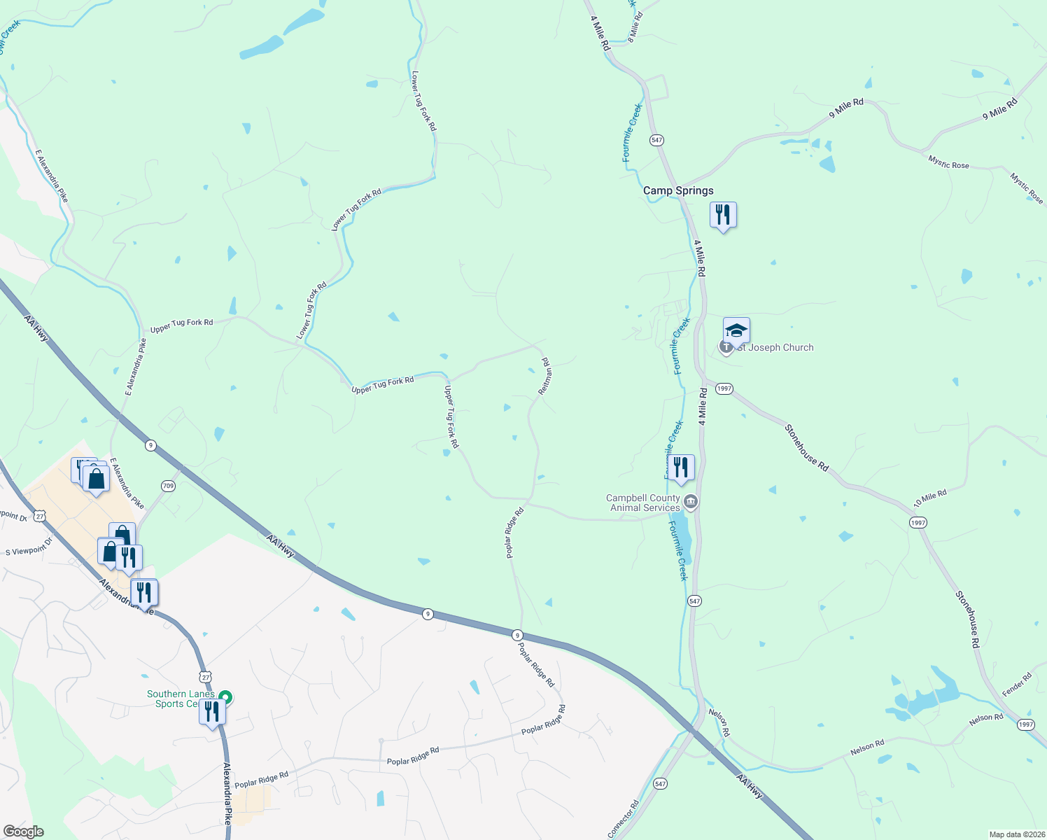map of restaurants, bars, coffee shops, grocery stores, and more near 6953 Reitman Road in Alexandria