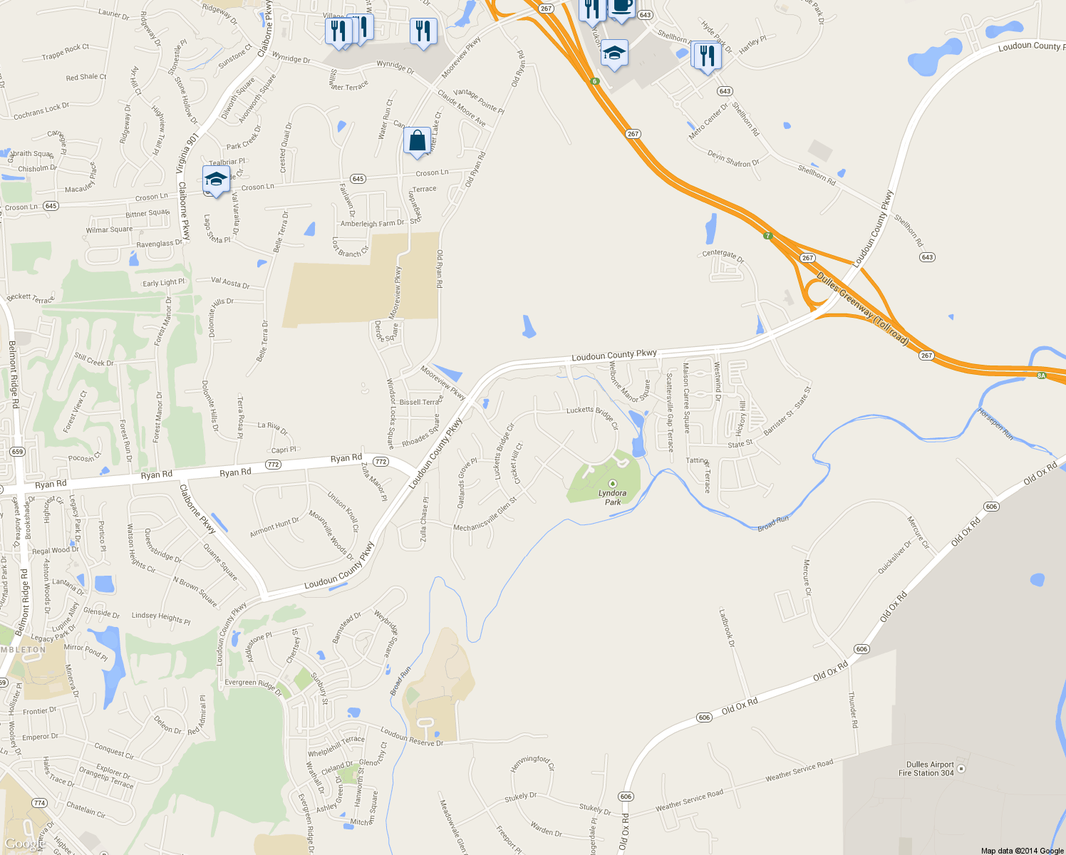 map of restaurants, bars, coffee shops, grocery stores, and more near 43694 Lucketts Bridge Circle in Ashburn