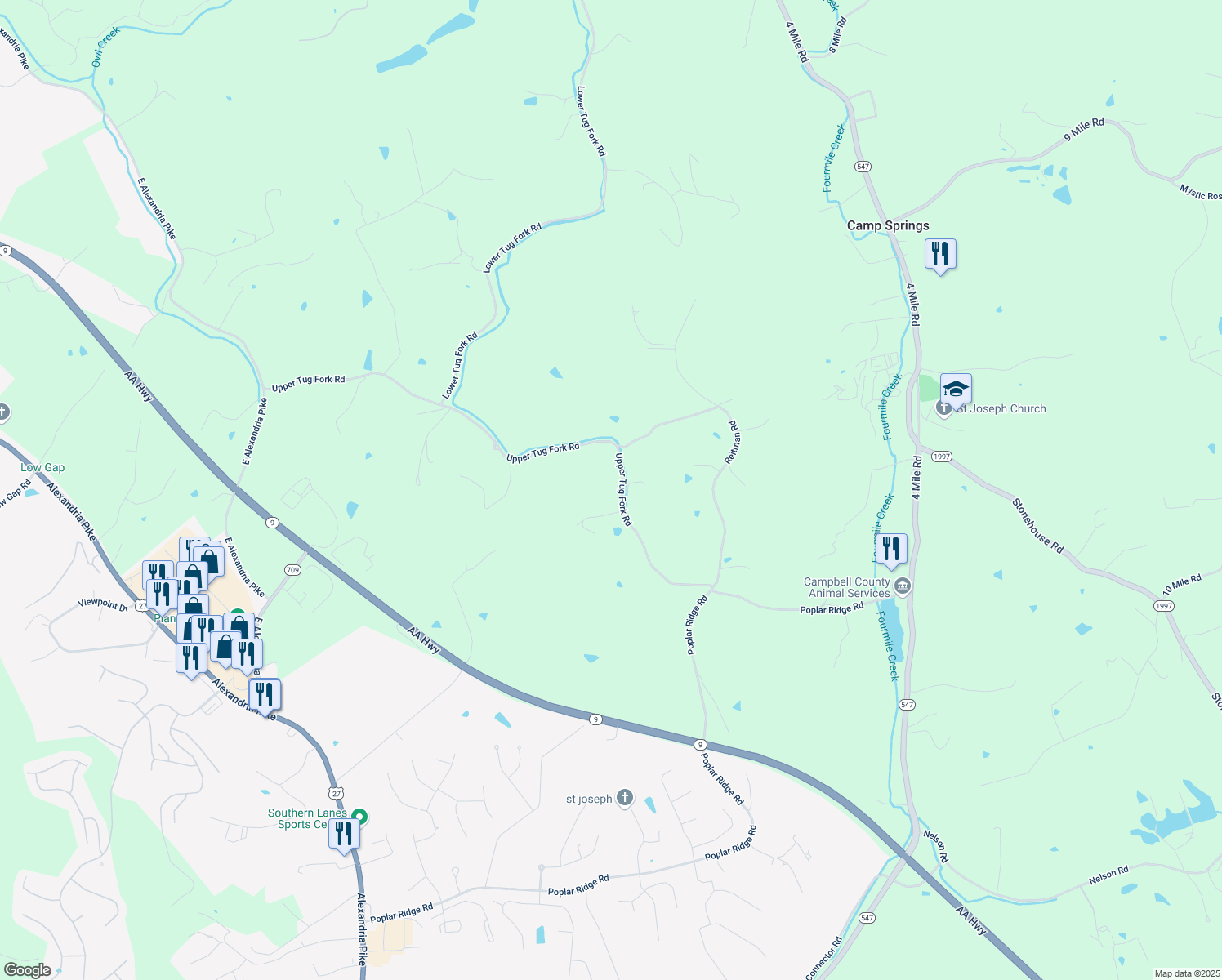 map of restaurants, bars, coffee shops, grocery stores, and more near 1837 Upper Tug Fork Road in Alexandria