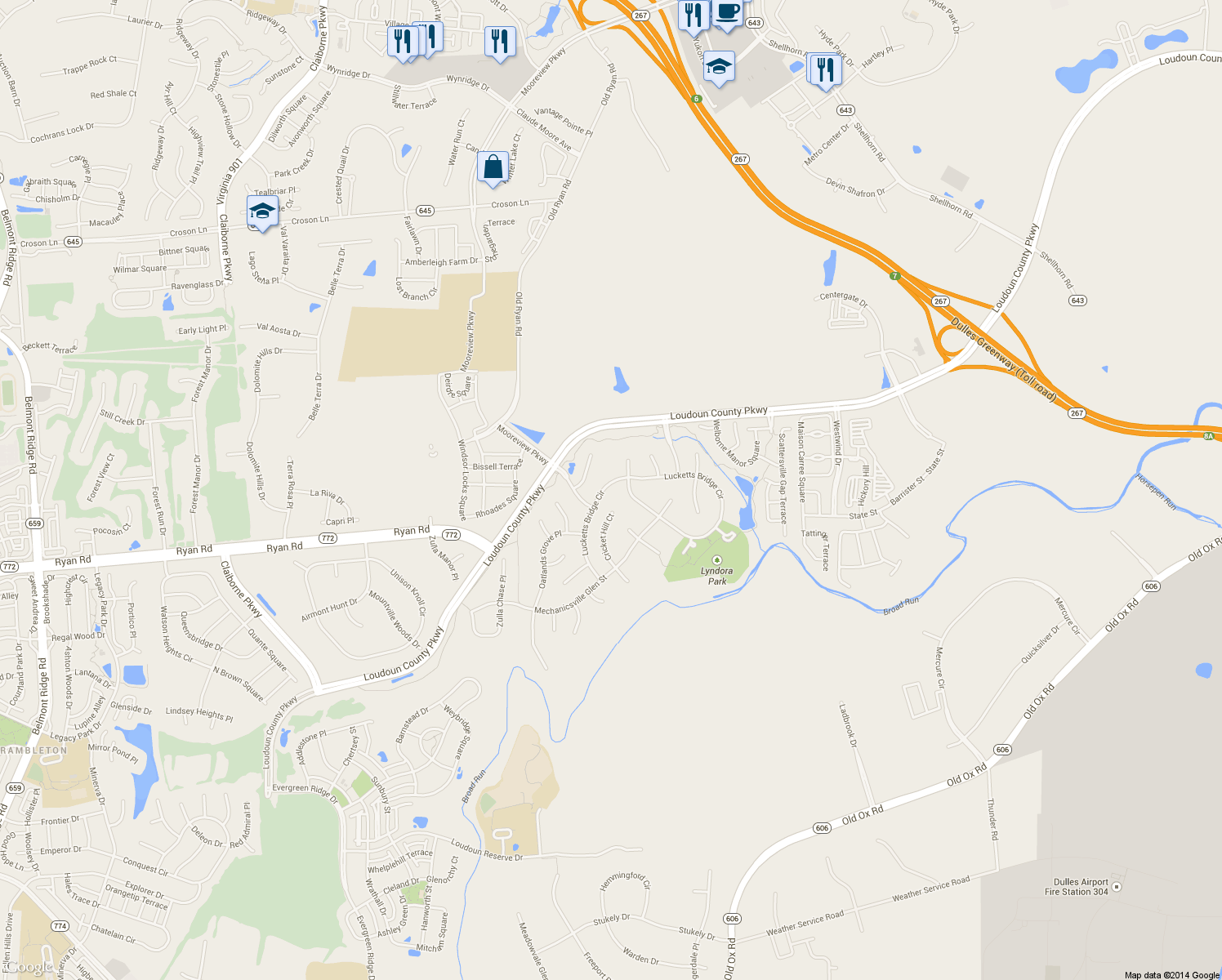 map of restaurants, bars, coffee shops, grocery stores, and more near 43513 Lucketts Bridge Circle in Ashburn