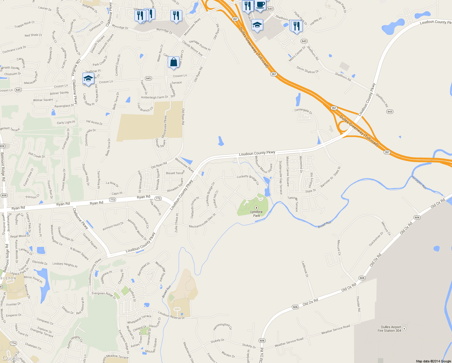map of restaurants, bars, coffee shops, grocery stores, and more near 43695 Lucketts Bridge Circle in Ashburn