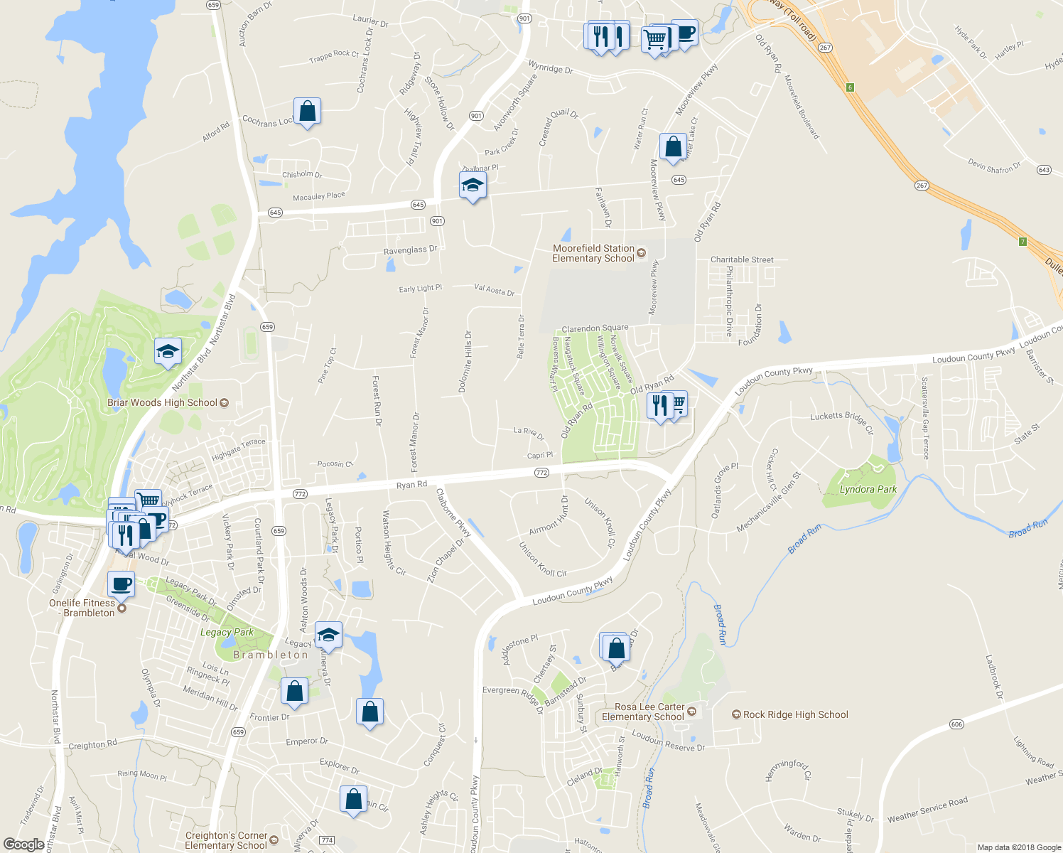 map of restaurants, bars, coffee shops, grocery stores, and more near 43040 La Riva Drive in Ashburn