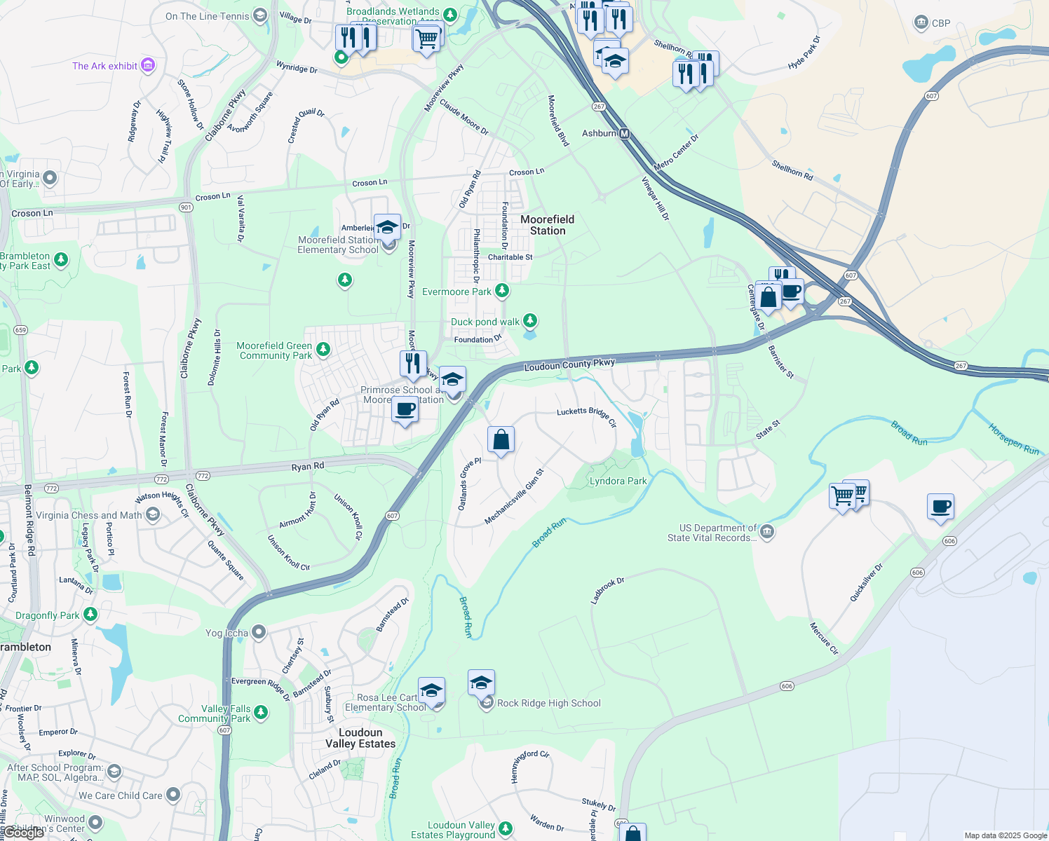 map of restaurants, bars, coffee shops, grocery stores, and more near 43517 Lucketts Bridge Circle in Ashburn
