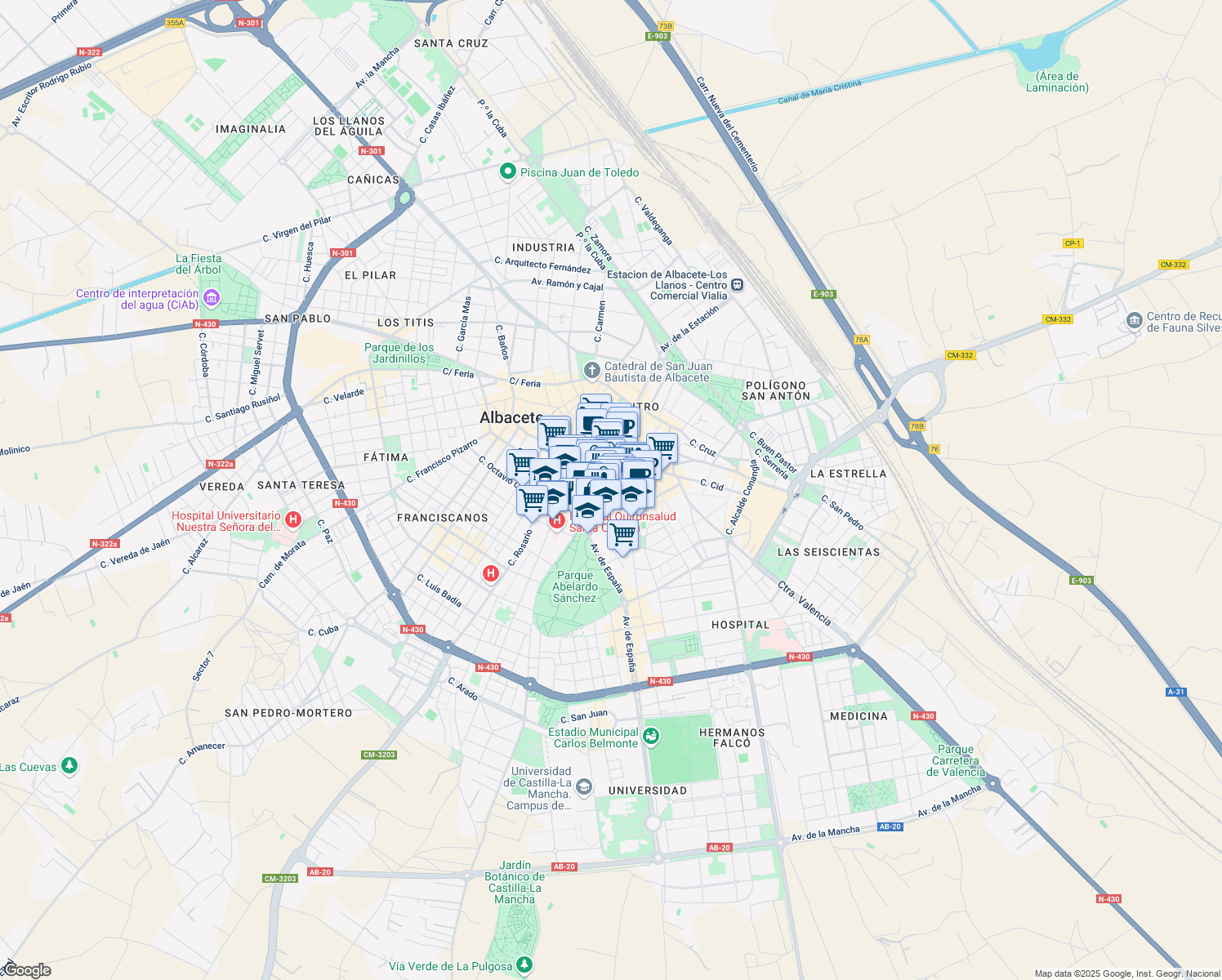 map of restaurants, bars, coffee shops, grocery stores, and more near 8 Calle Dionisio Guardiola in Albacete