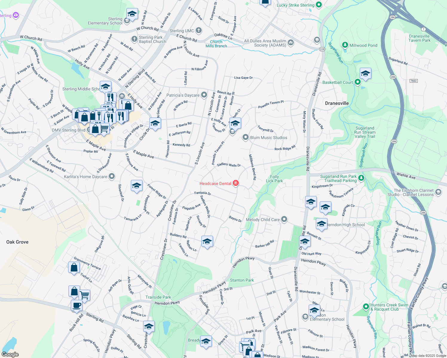 map of restaurants, bars, coffee shops, grocery stores, and more near 12803 Briery River Terrace in Herndon