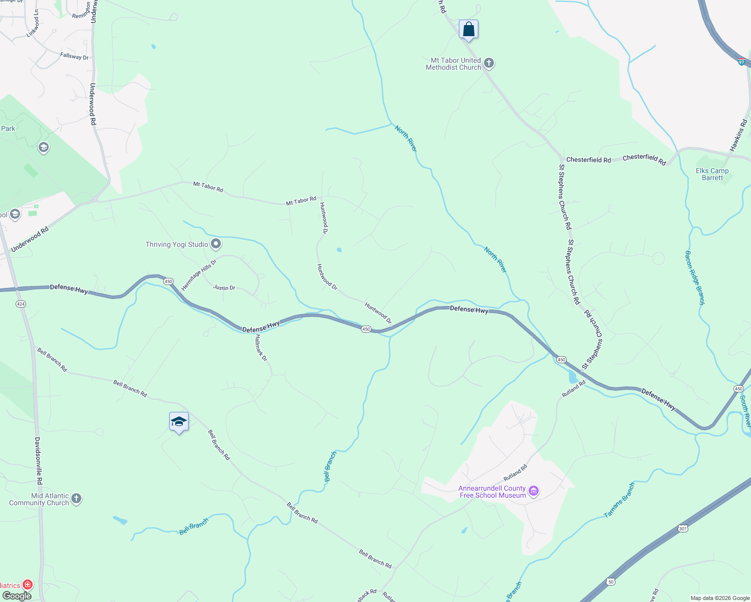 map of restaurants, bars, coffee shops, grocery stores, and more near 2003 Huntwood Drive in Gambrills