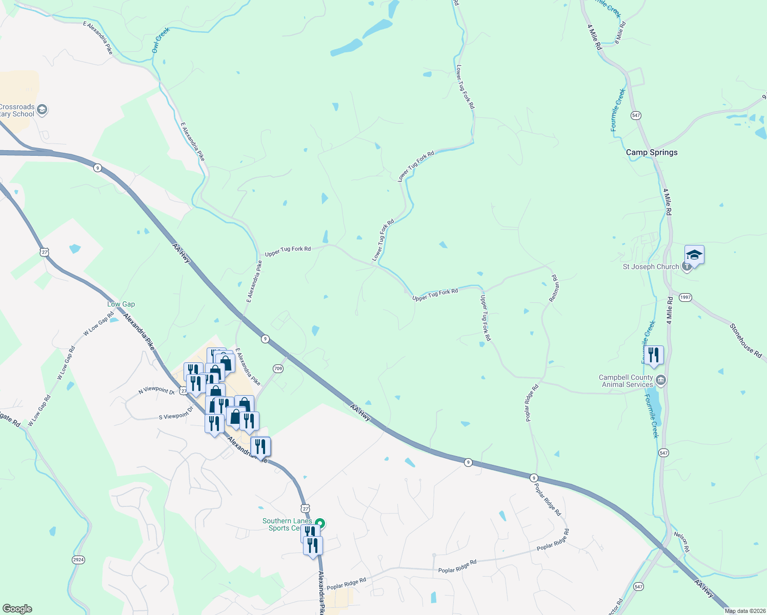 map of restaurants, bars, coffee shops, grocery stores, and more near 1637 Upper Tug Fork Road in Alexandria