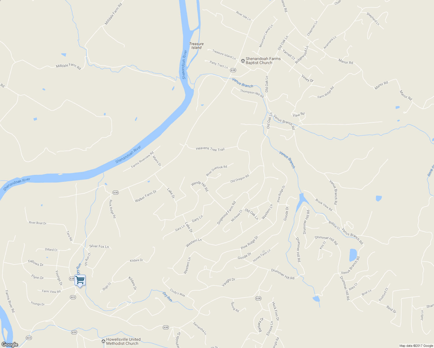 map of restaurants, bars, coffee shops, grocery stores, and more near 80 River Overlook Road in Front Royal