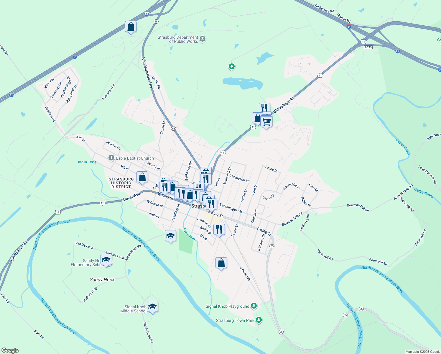 map of restaurants, bars, coffee shops, grocery stores, and more near 340 Lee Street in Strasburg