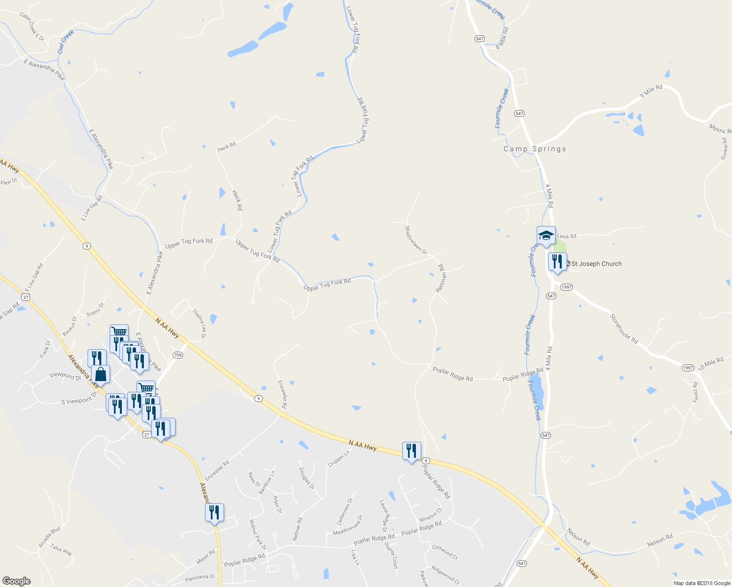 map of restaurants, bars, coffee shops, grocery stores, and more near 1787 Upper Tug Fork Road in Alexandria