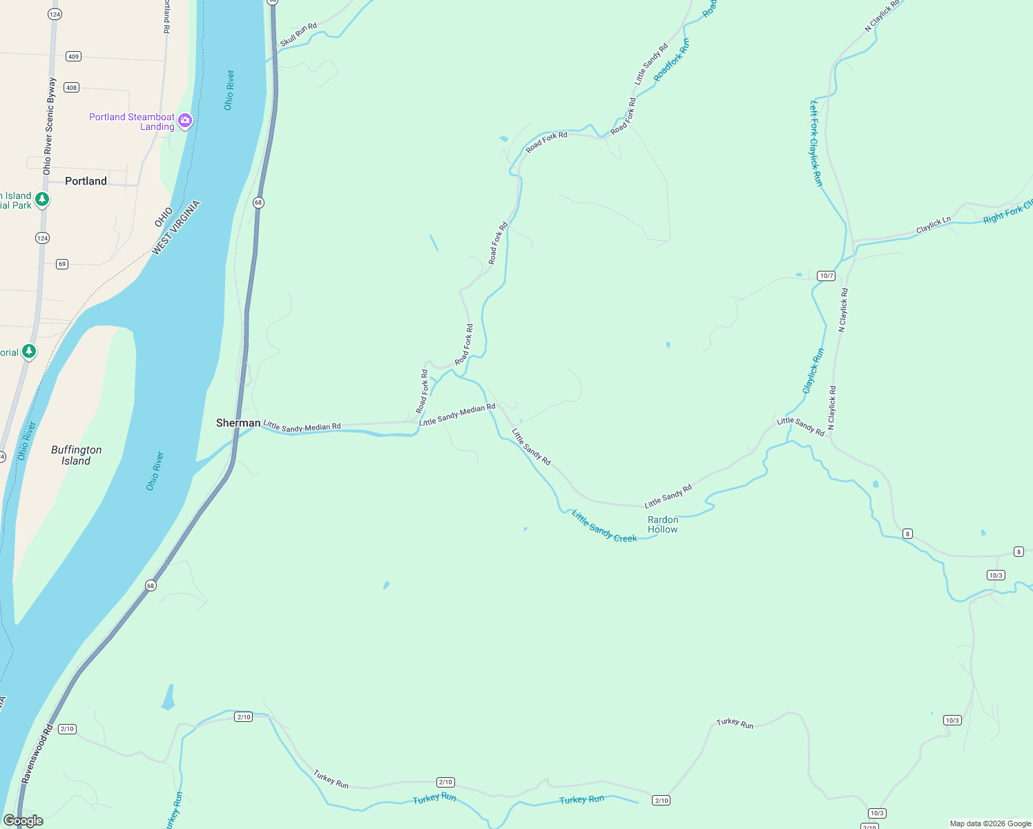 map of restaurants, bars, coffee shops, grocery stores, and more near 7648 Little Sandy Road in Ravenswood