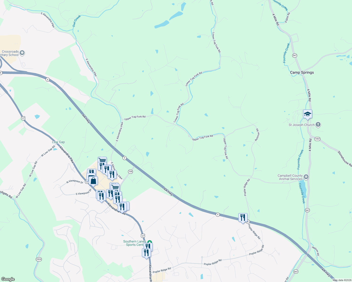 map of restaurants, bars, coffee shops, grocery stores, and more near 1637 Upper Tug Fork Road in Alexandria